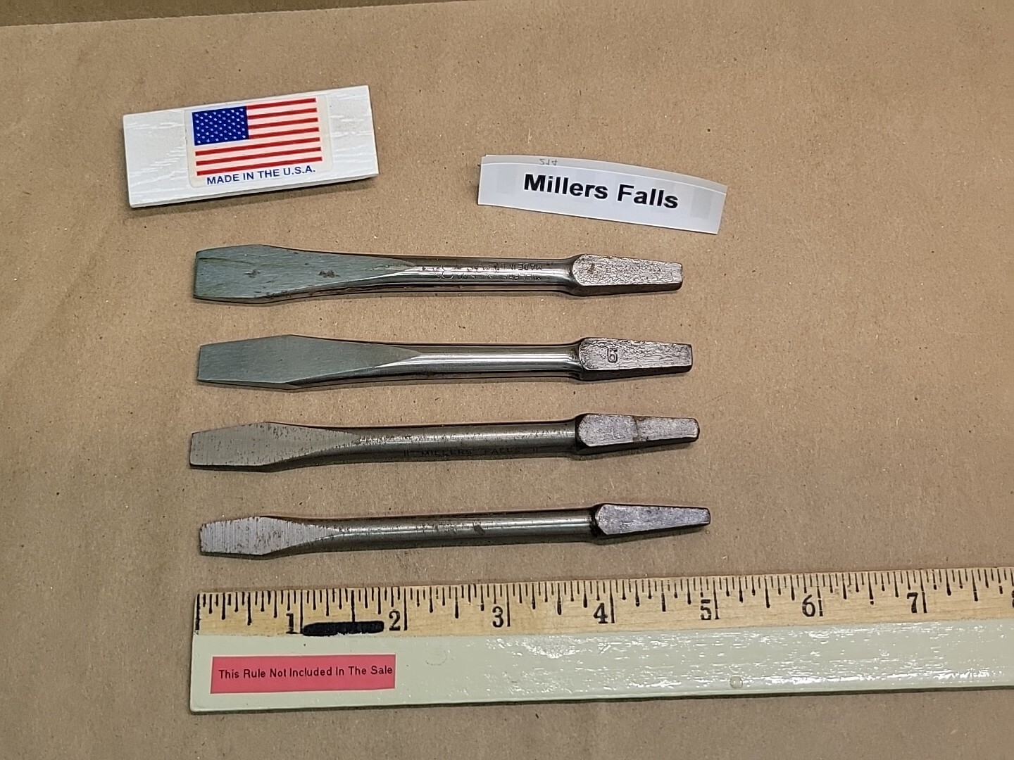 Millers Falls Bit Brace Screwdriver Bit Set Flat Slot 4 Piece New Old Stock USA