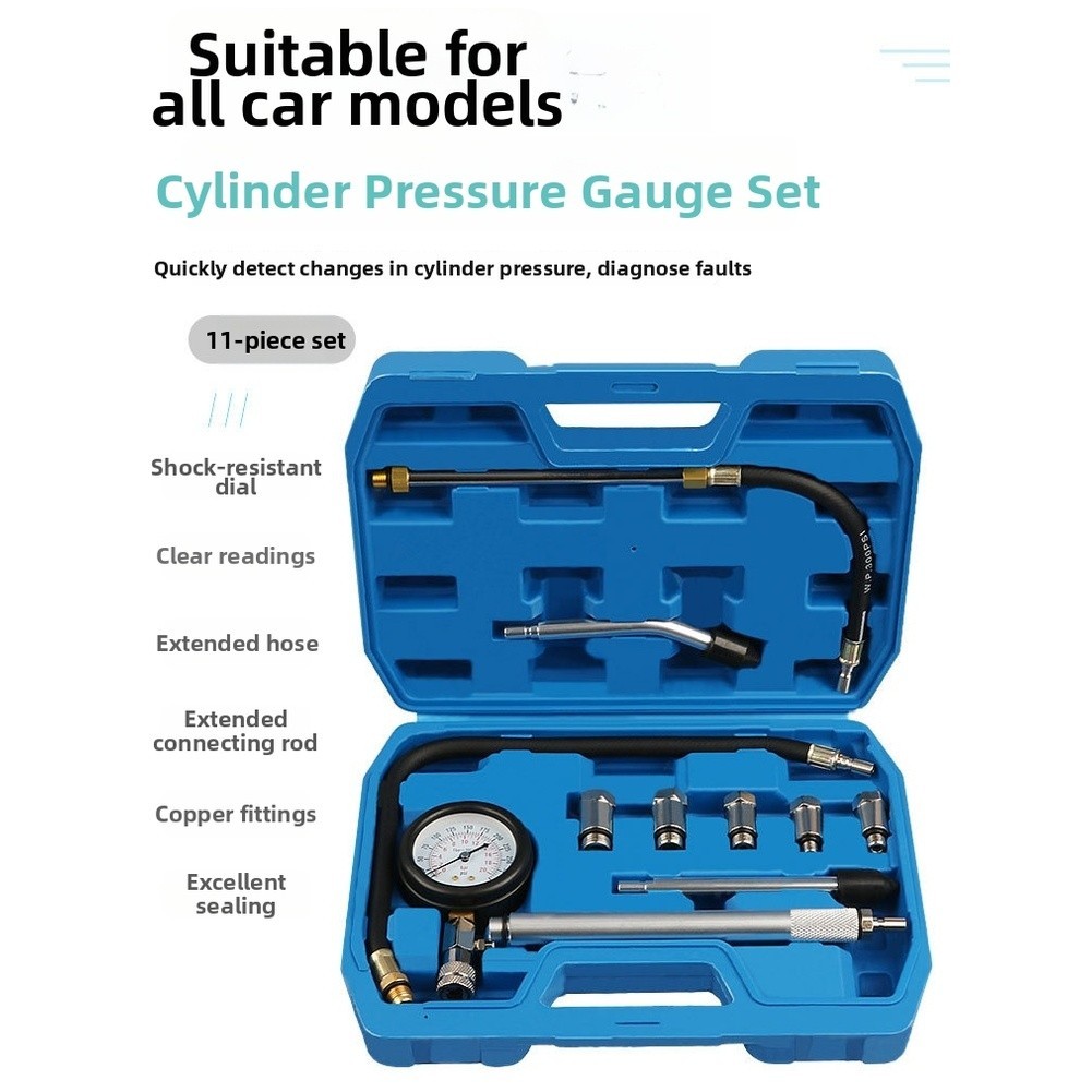 11 Piece Auto Cylinder Pressure Test Kit Dual Scale 0-300 PSI 0-20 BAR