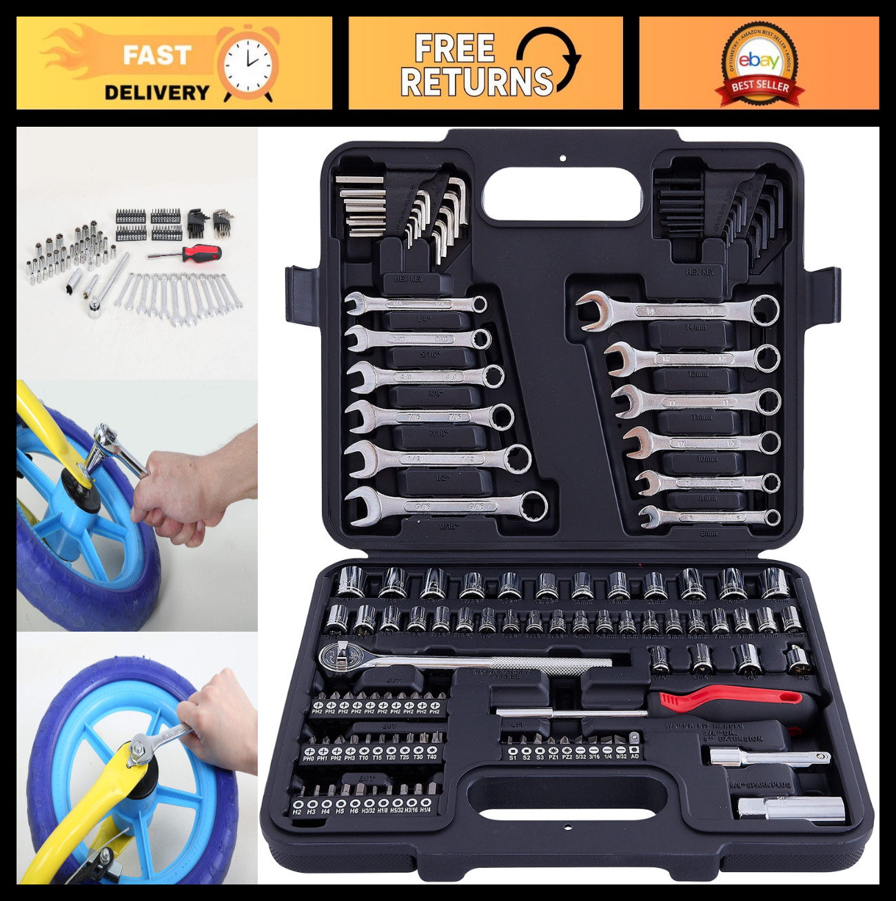 121-Piece Mechanics Tool Set | SAE & Metric Socket Wrench Kit for Auto Repair &