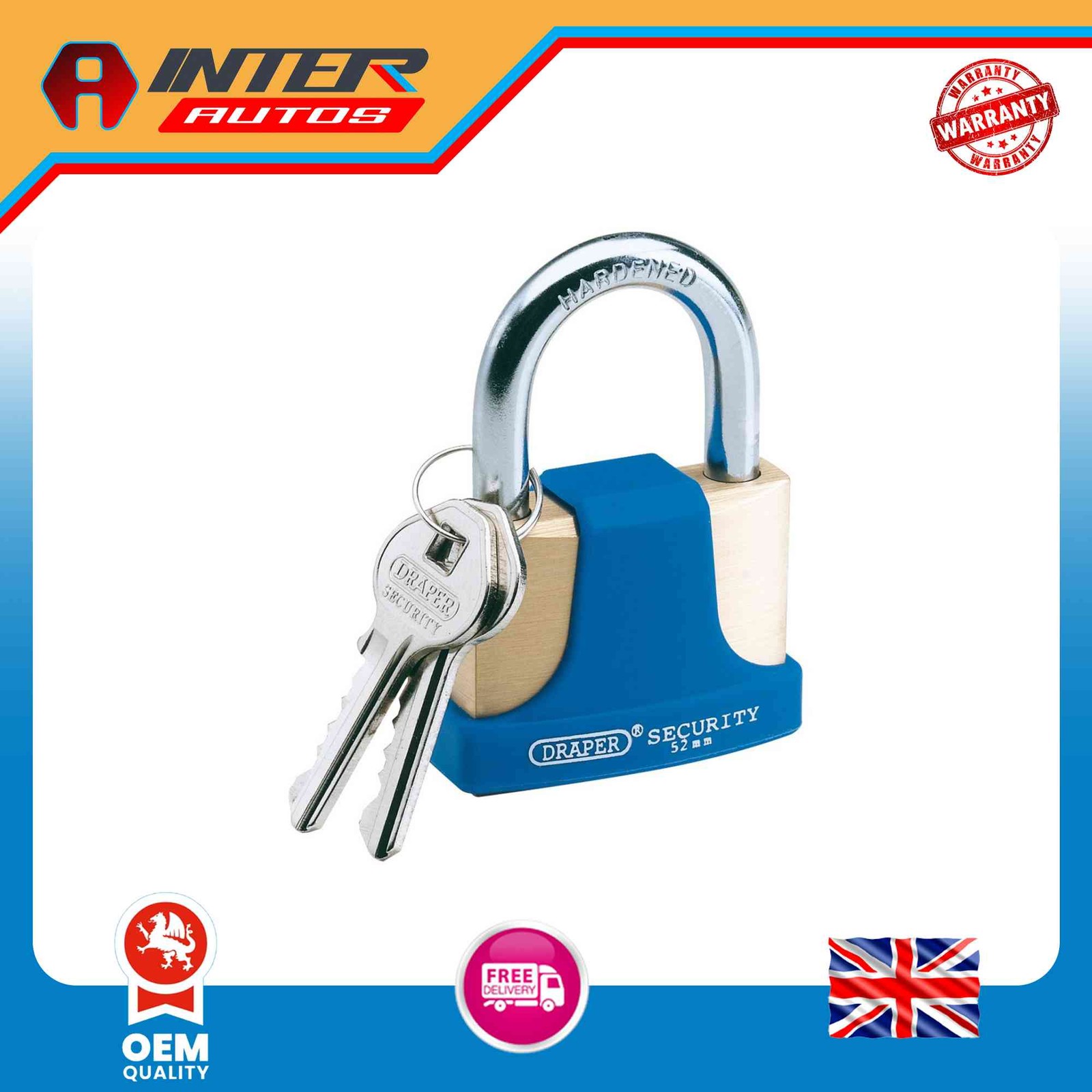 Draper Solid Brass Padlock 2 Keys Hardened Steel Shackle and Bumper 52mm 64166