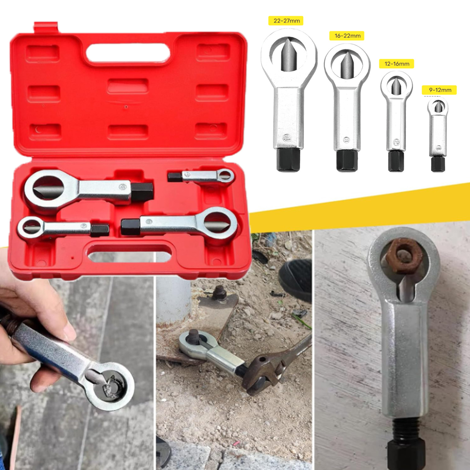 4PCS Nut Splitter Cracker Set Heavy Duty 9-27mm Damaged Bolt Remover Tool Set