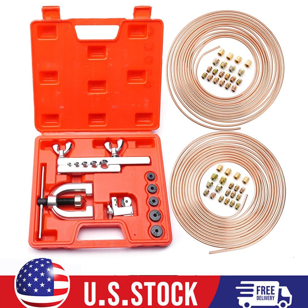 BRAKE LINE PIPE KIT 3/16 + 1/4 25FT Copper Pipe Flaring Tool + 40 Nuts Fittings