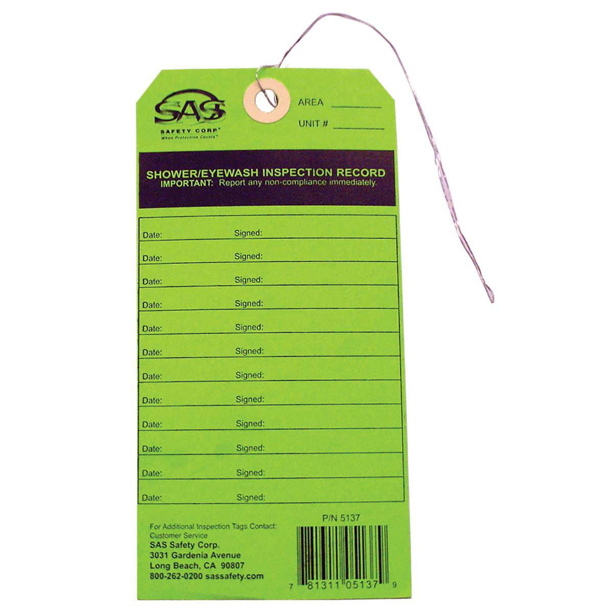 SAS Safety Eyewash Station Inspection Tag