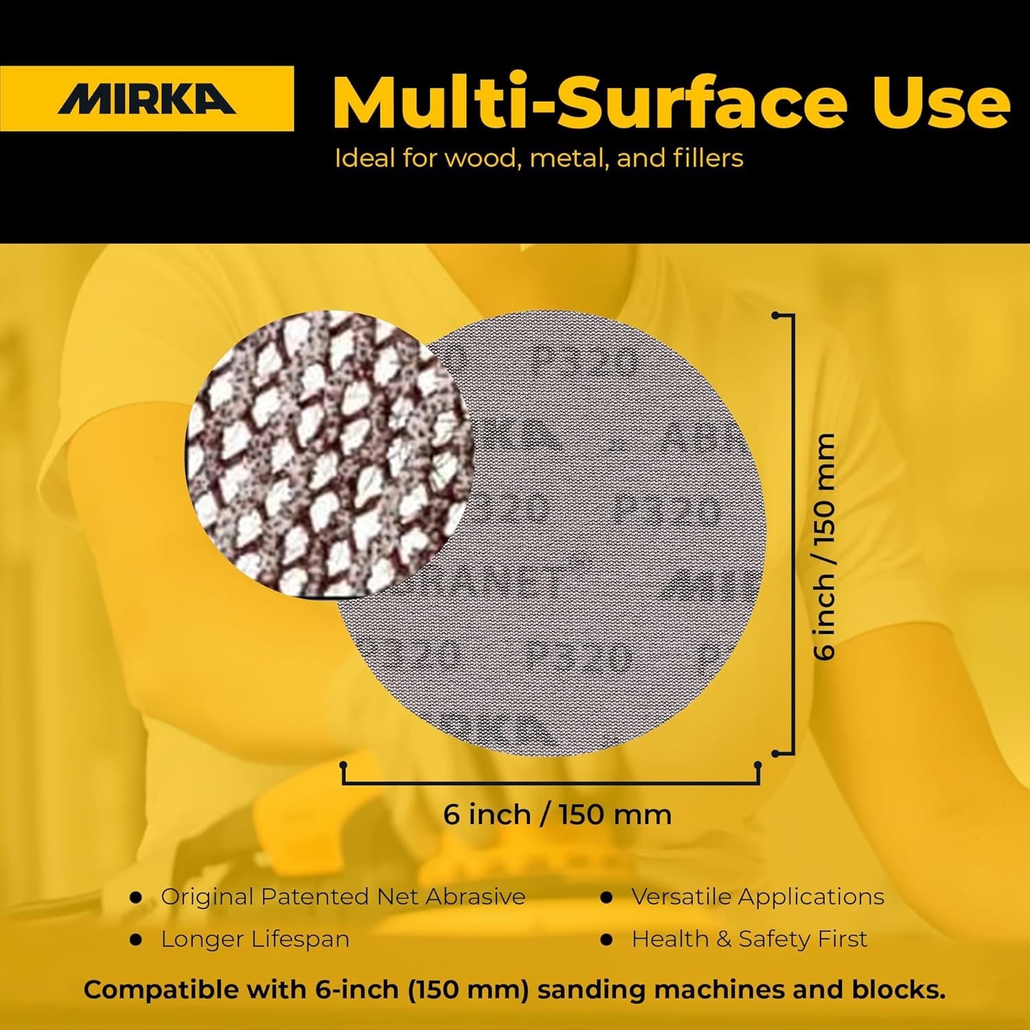 Mirka Abranet 6″ Hook & Loop Sanding Discs 120 Grit 50 Pack Mesh Abrasive