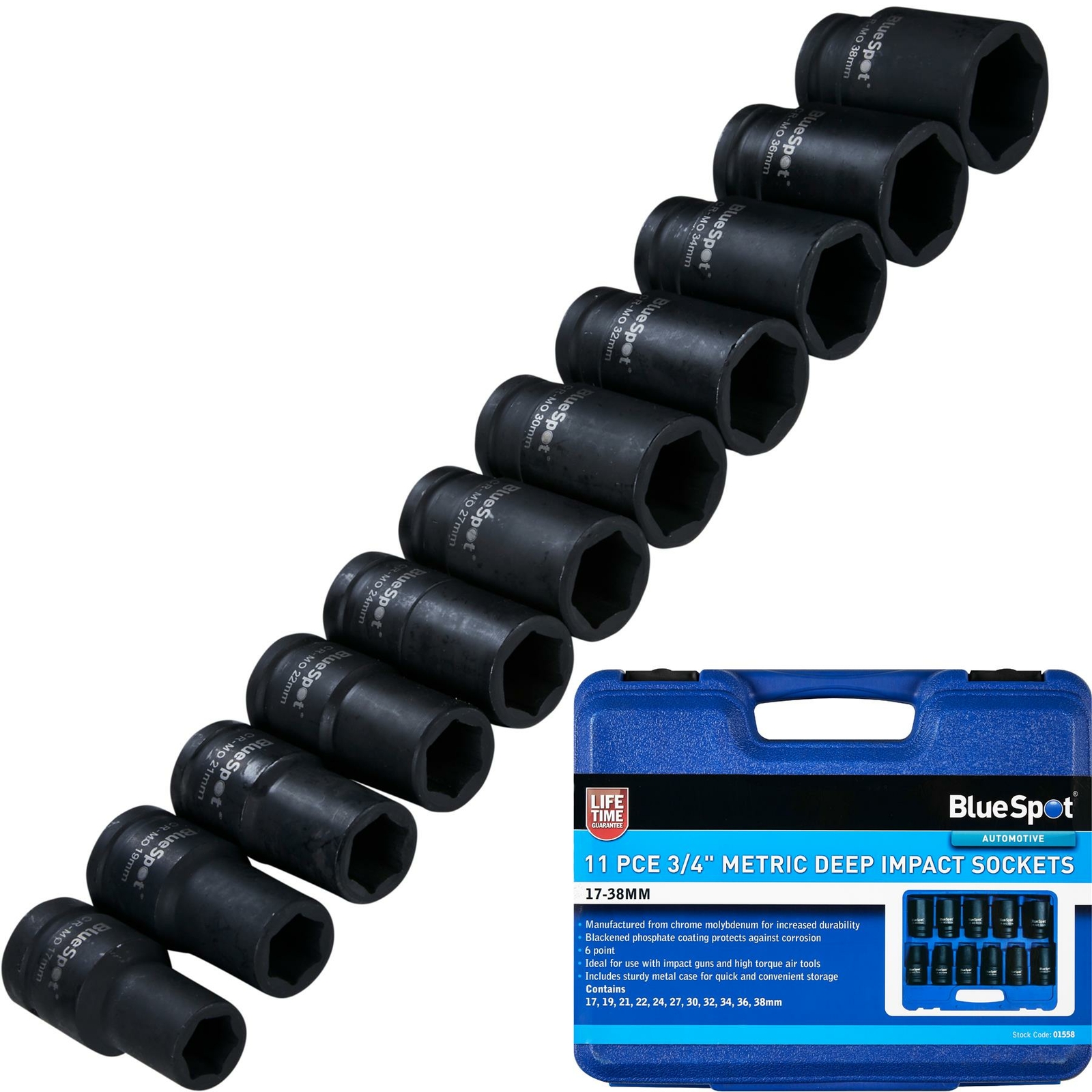 BlueSpot 11pc Metric Deep Impact Sockets 17mm – 38mm 3/4″ Drive Socket Set