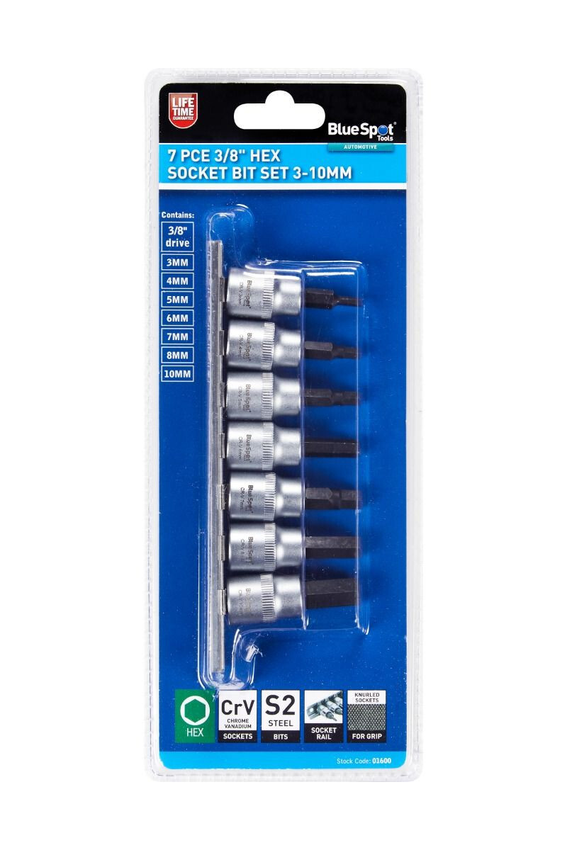 Blue Spot 7 Piece Hex Socket Bit Set 3-10mm 3/8”D On Rail S2 Steel