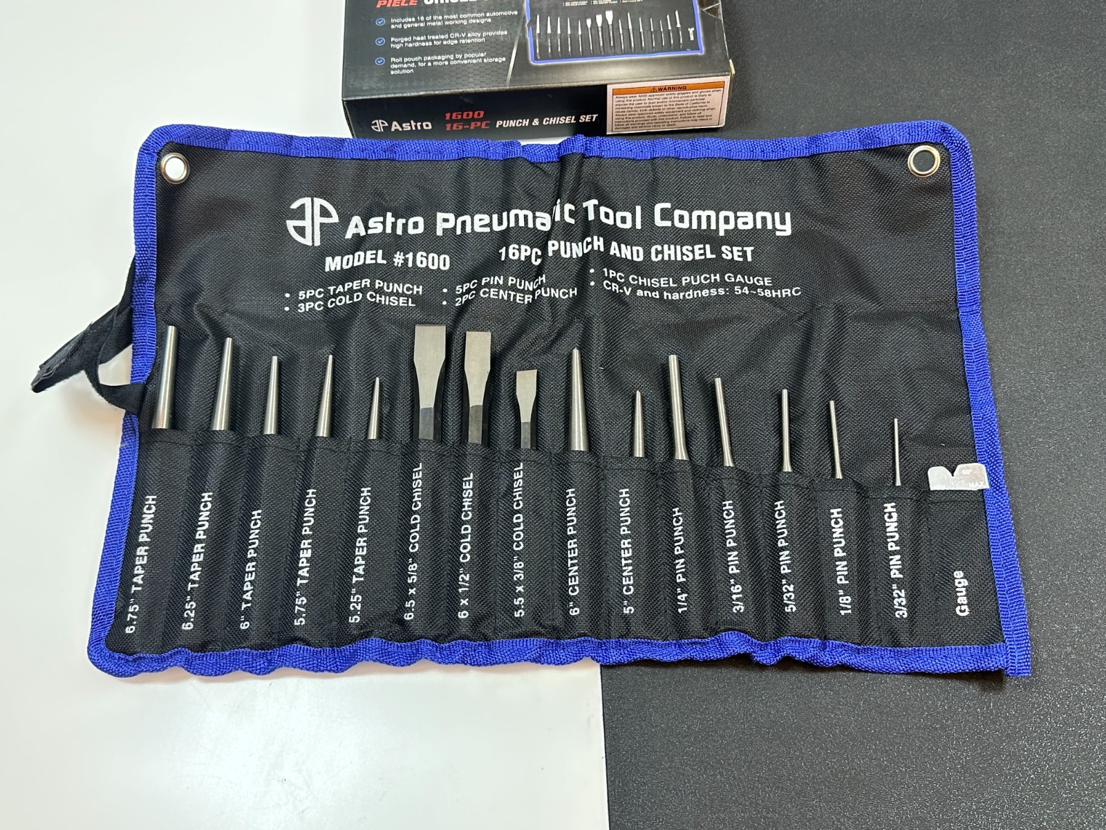 NEW Astro Pneumatic 1600 16pc Chisel and Punch Set w/ Gauge in Kit Bag