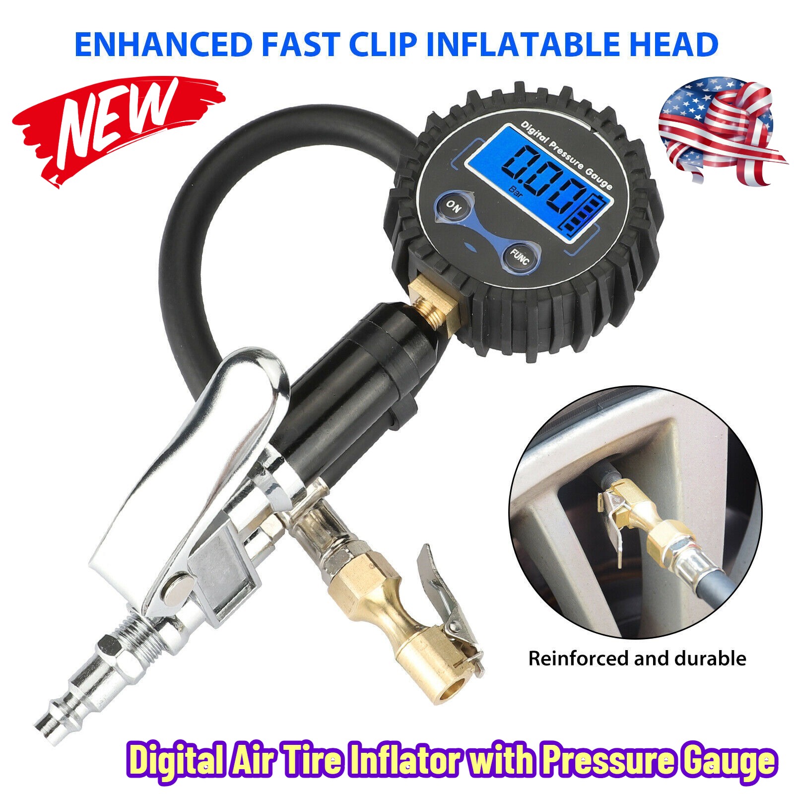 Digital Air Tire Inflator with Pressure Gauge Chuck 0-250 PSI for Truck Car Bike