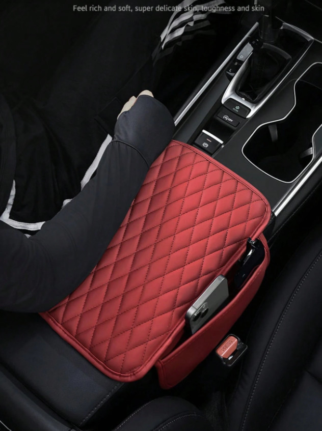 1pc Leather Car Armrest Cover – Console Cushion with 2 Storage Pockets-NEW