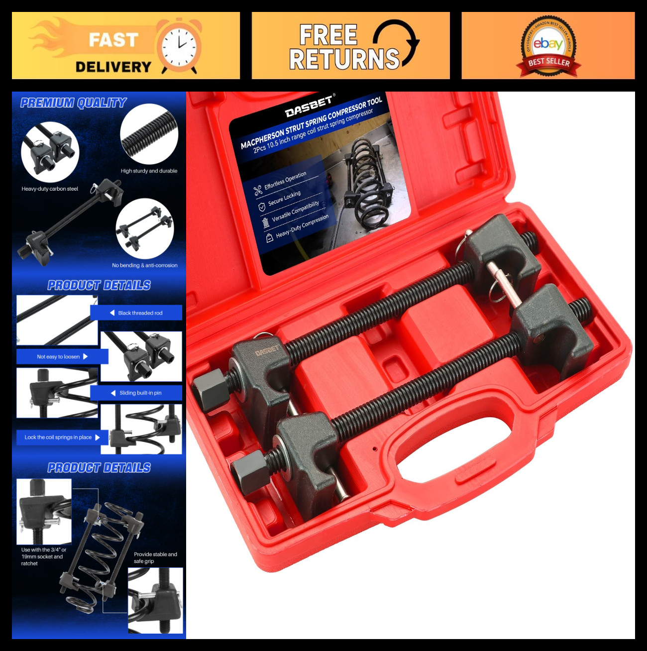 2PCS Coil Spring Compressor Tool Kit – Macpherson Strut, 10.5in Range, Detent Pi