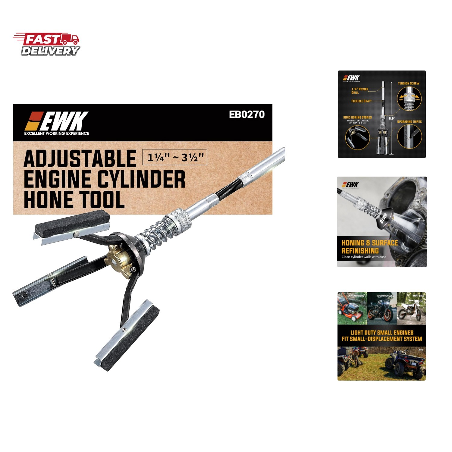 1-1/4 to 3-1/2 Inch Adjustable Engine Cylinder Hone Tool – 3-Stone 220 Grit S…