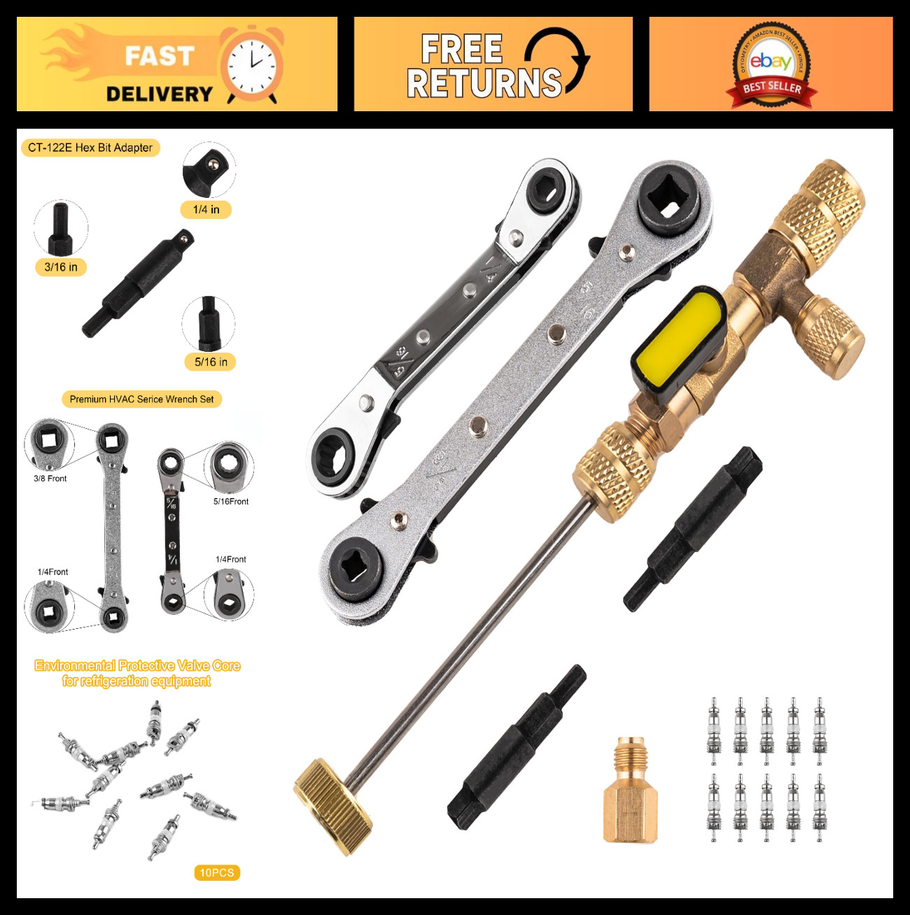 HVAC Valve Core Remover Installer Tool Set with Hex Bit Adapters, Dual Size 1/4″