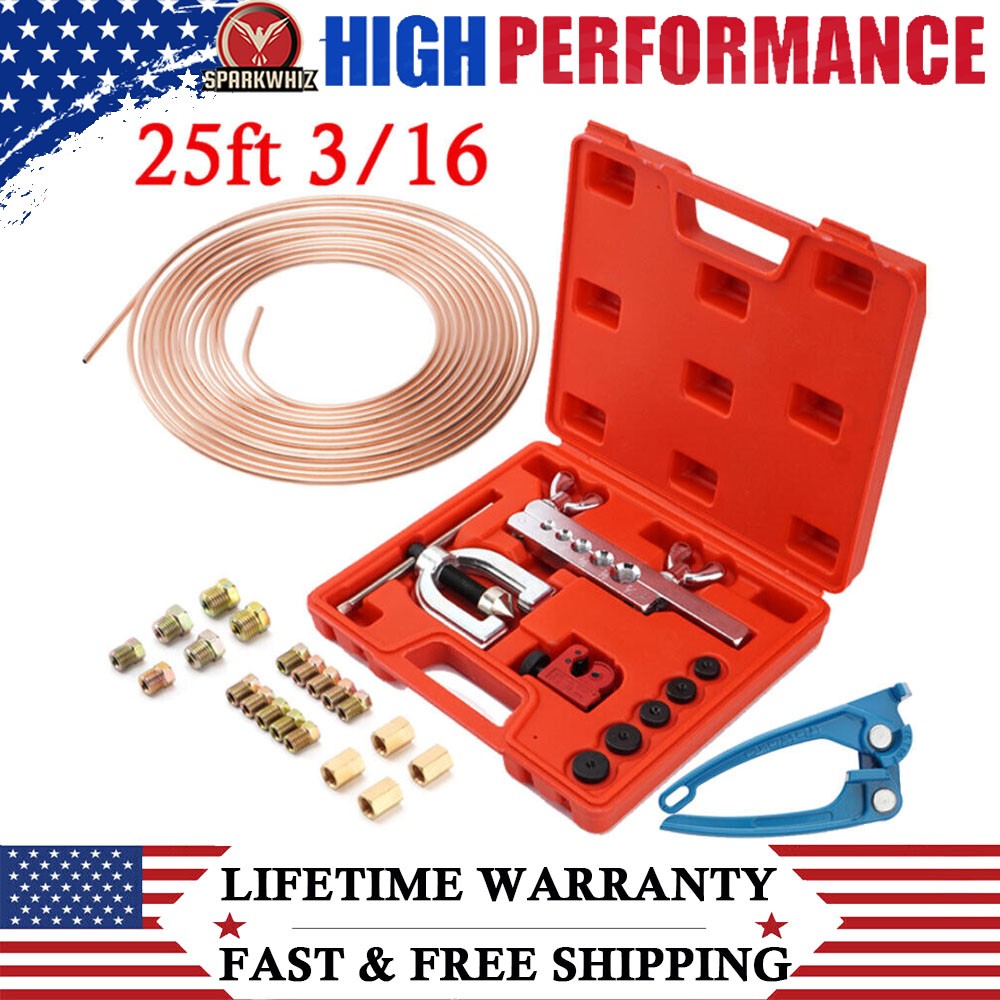 25 FT 3/16 Copper Coated Brake Line Tube Bender Single Double Flaring Tool KIt