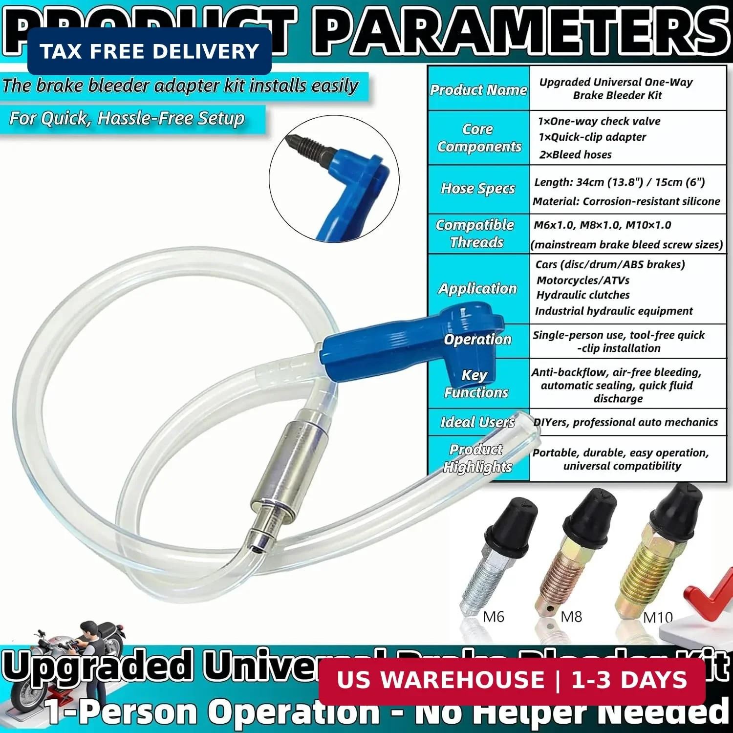 Universal Brake Bleeder Kit with One Way Check Valve, Adapter & Hose – Hydraulic