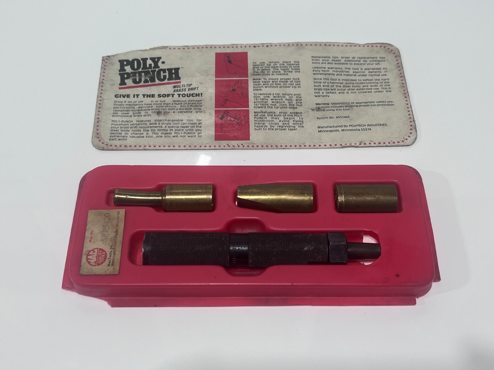 MAC Tools USA SPP5420 4pc Brass Punch Driver Set Kit in Original Red Tray