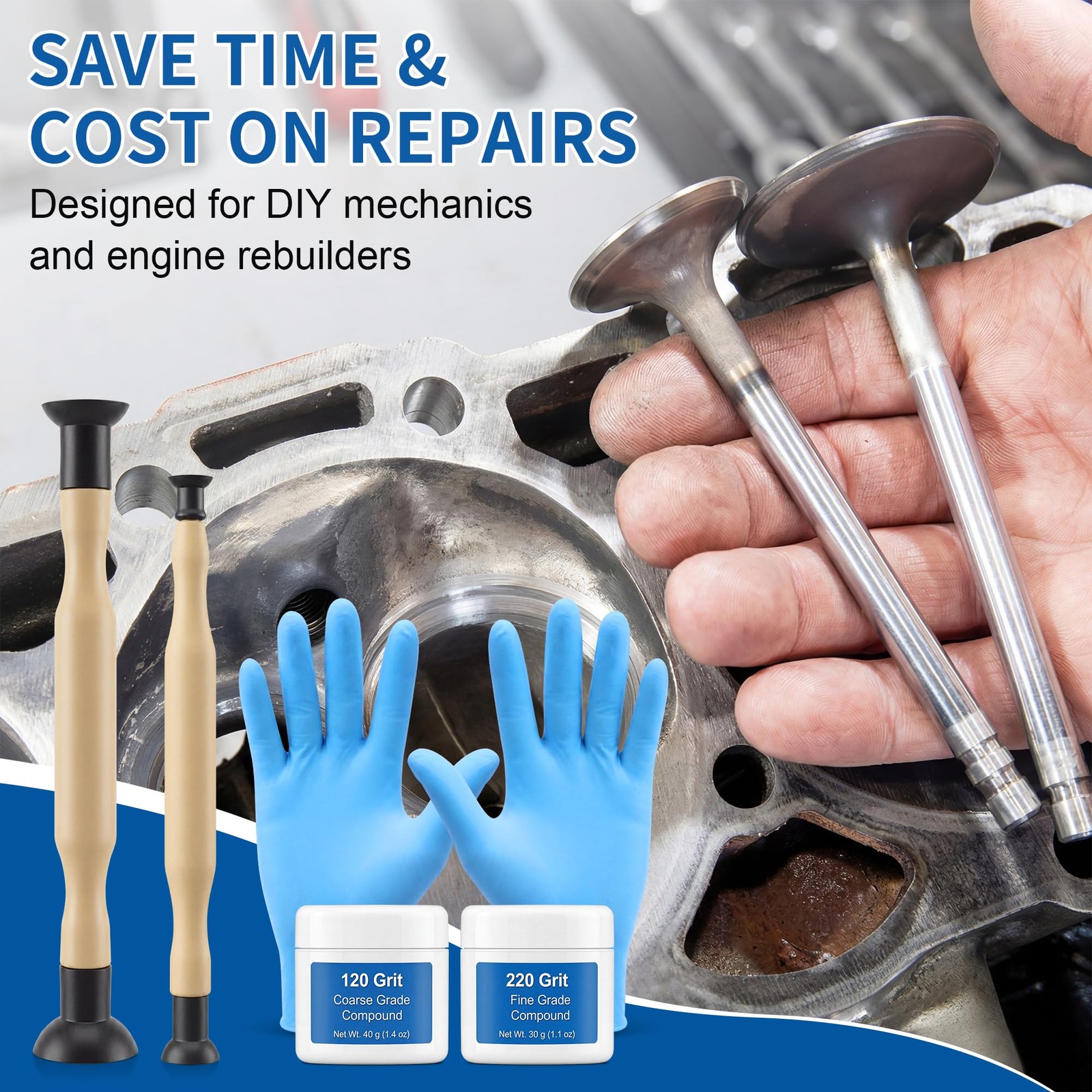 Complete Valve Grinding Kit, 2 Lapping Sticks, 120 & 220 Grit Compound