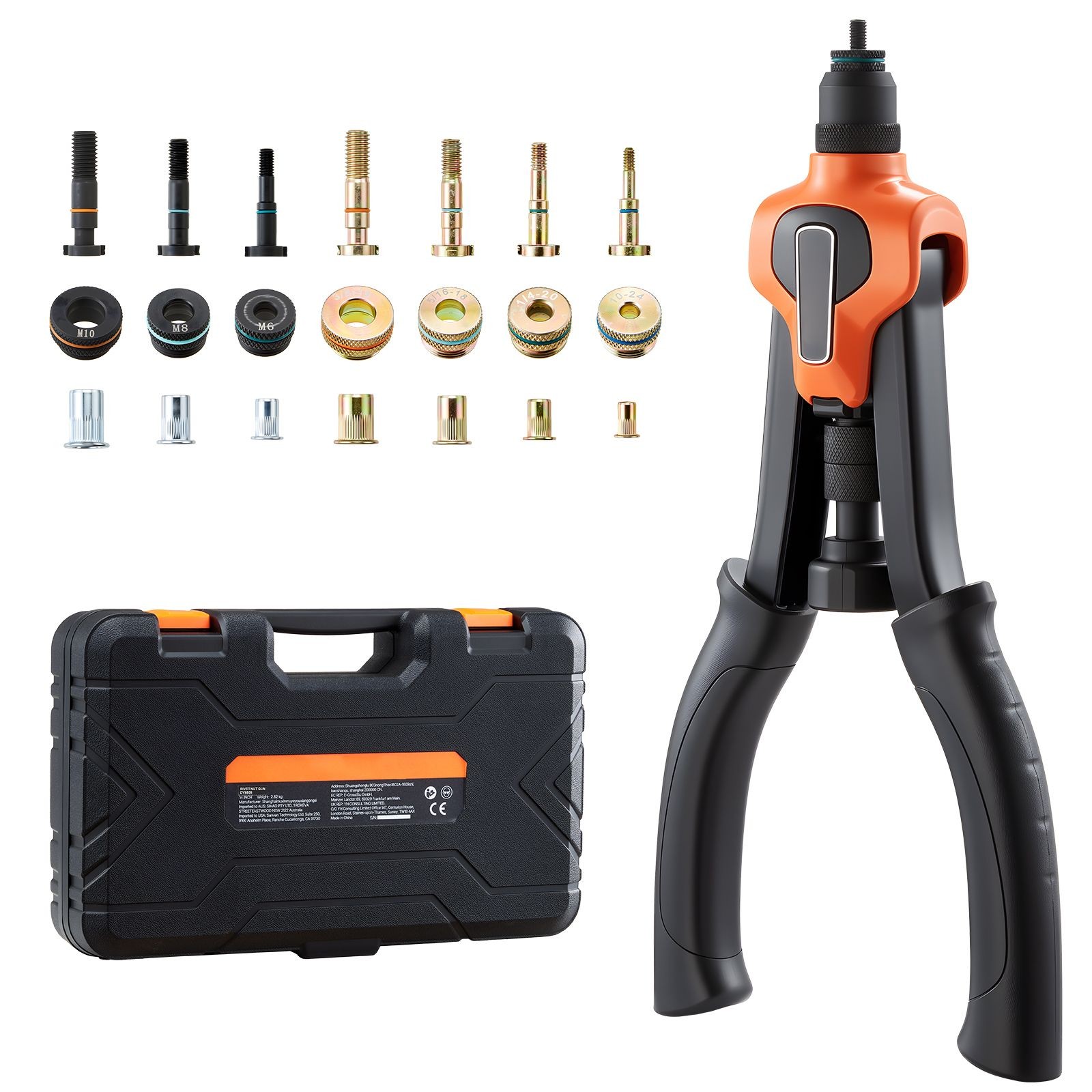 Rivet Nut Tool Kit 14in, 7 Mandrels Metric SAE with 70 Nuts Case
