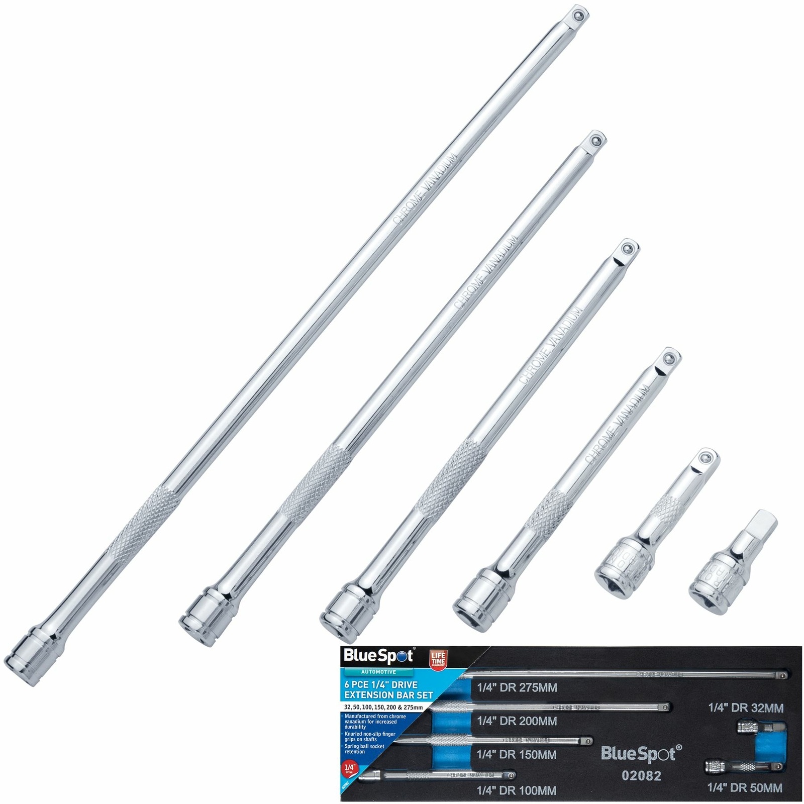 BlueSpot 6pc 1/4″ Drive Socket Extension Bar Set 32 50 100 150 200 275mm Long