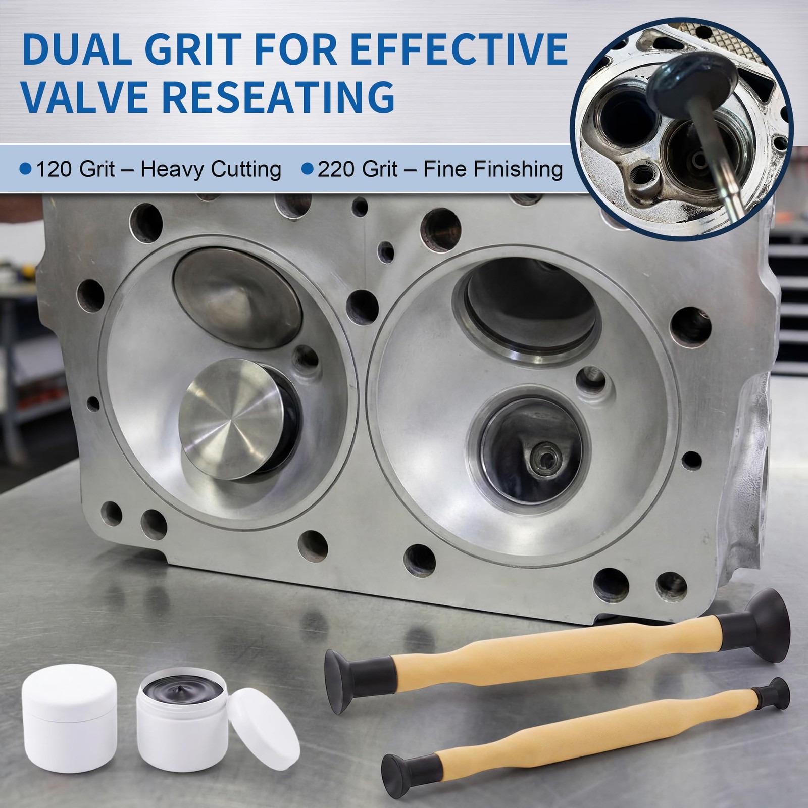 Complete Valve Grinding Kit, 2 Lapping Sticks, 120 & 220 Grit Compound