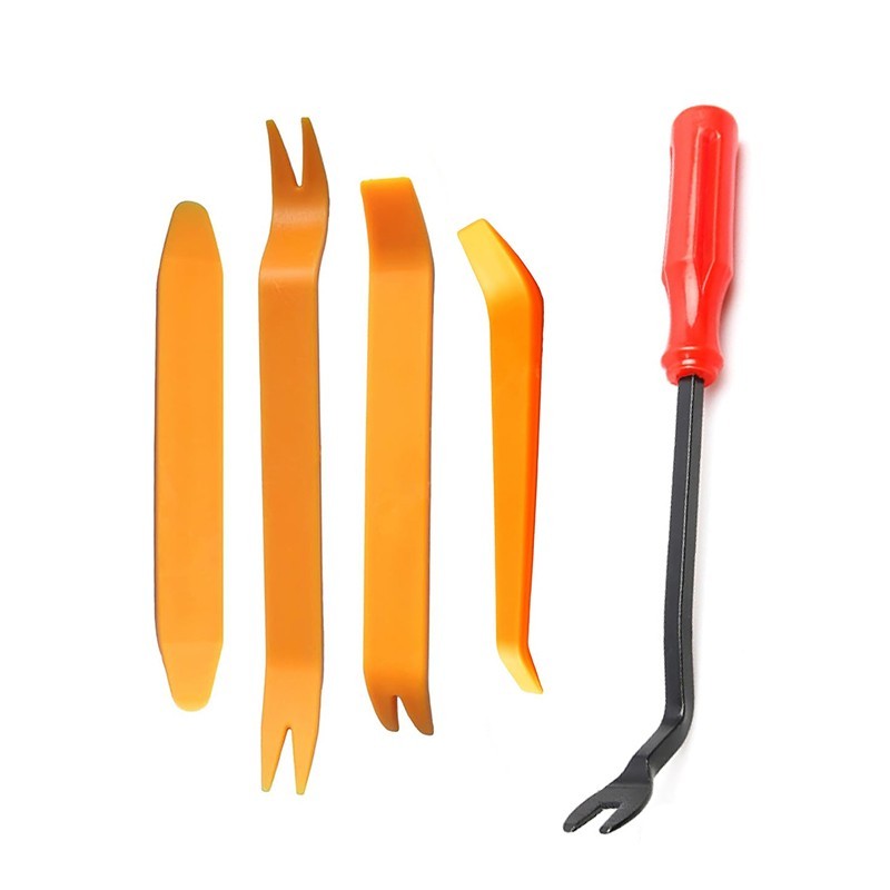Orange automotive fastener removal tool, rivet clip removal tool, 5-piece set