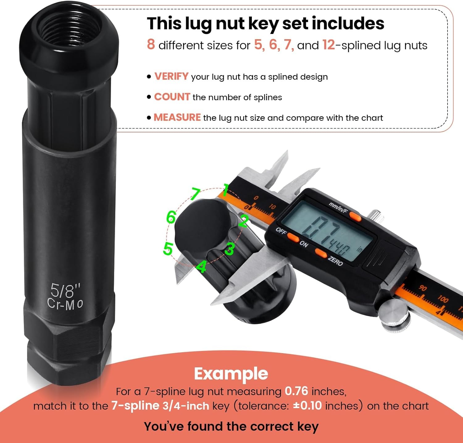 6 Spline & 7 Spline Lug Nut Socket Set, Drive Wheel Lock Key,Locking Nut Removal