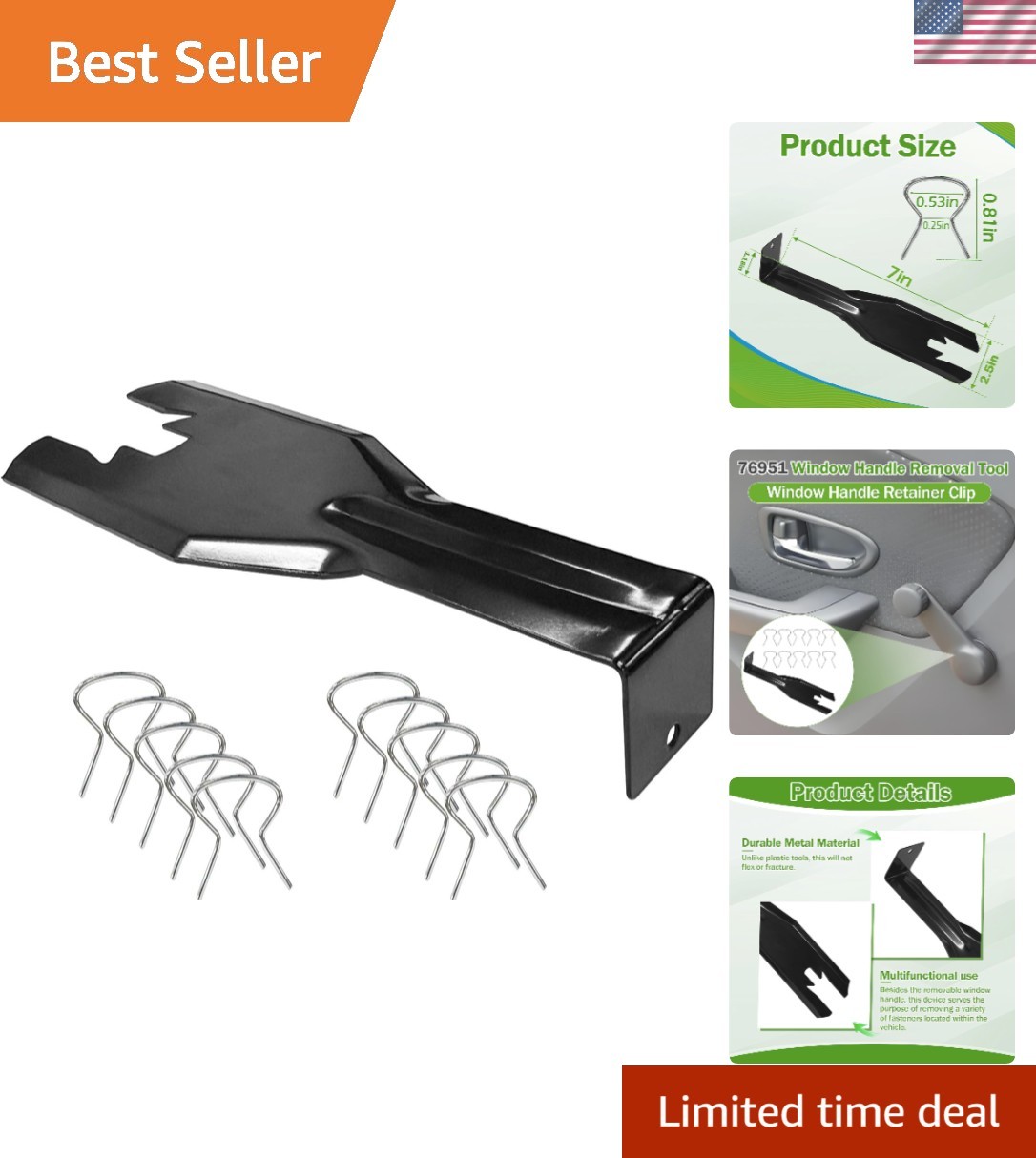 Metal Window Handle Removal Tool & 10 Clips for Car Interior Repairs