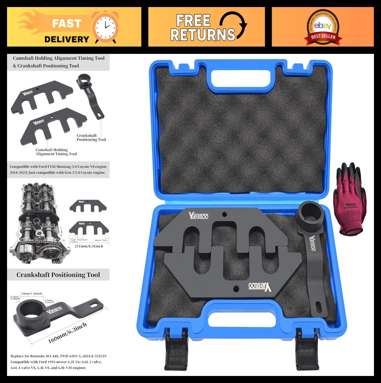 3Pcs Camshaft Holding & Crankshaft Positioning Tool Set for Ford 5.0 Coyote V8 2
