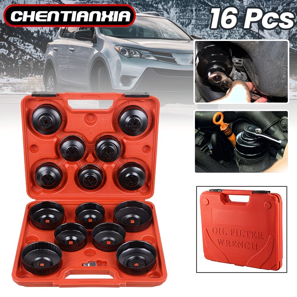 16PCS Oil Filter Wrench Set Cup Type Removal Tool Socket Kit 1/2″ & 3/8″ Adaptor
