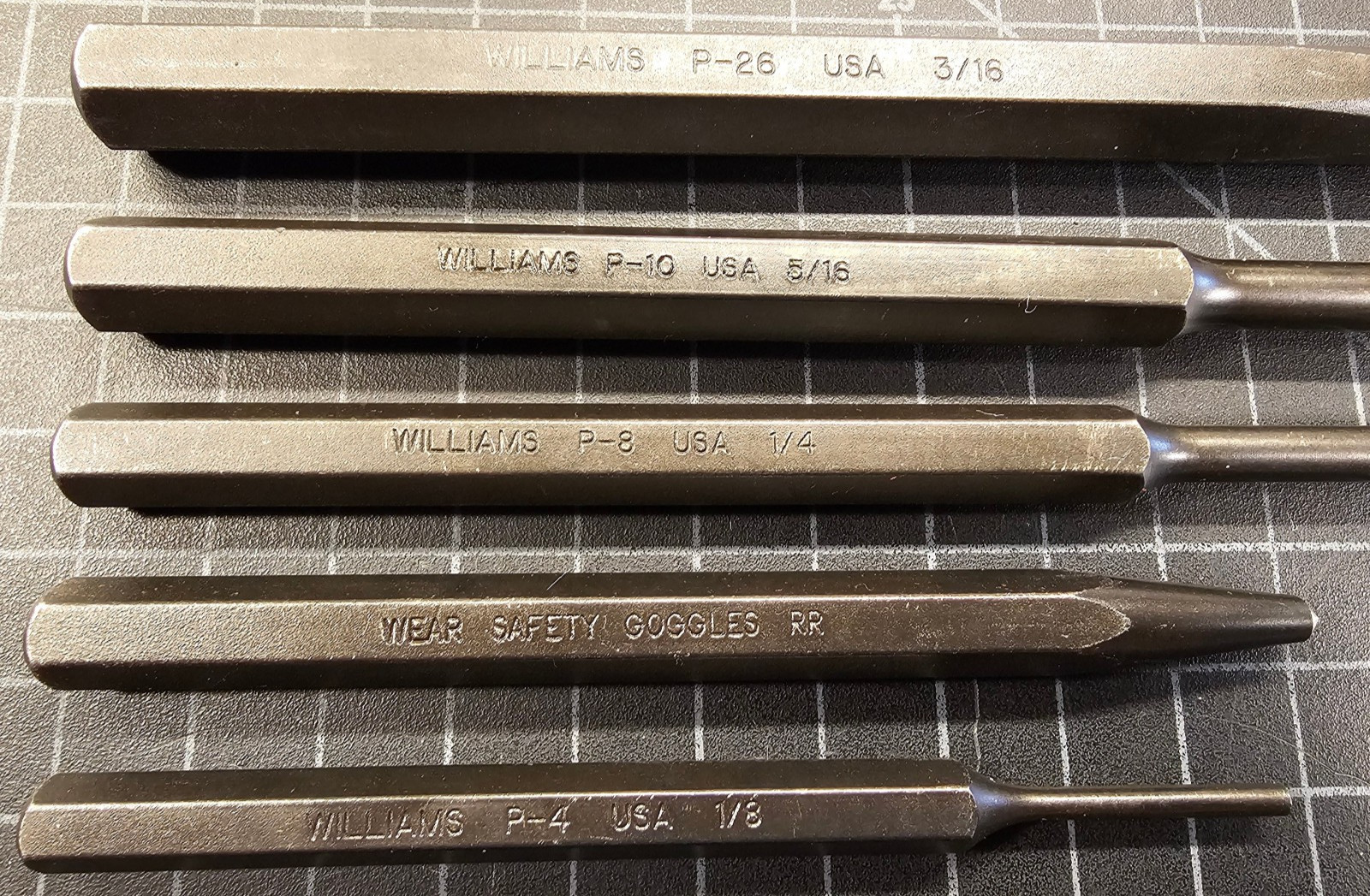 Williams Tools 5 PC Piece Pin Punch Set Lot P4, P8, P10, P26, P40 USA NEW!