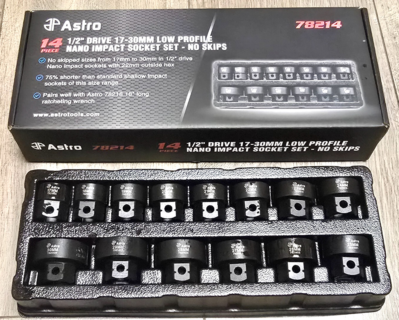 Astro 1/2″ dr 14pc Metric Dual Drive Stubby Nano Impact socket Set 17-30mm 78214