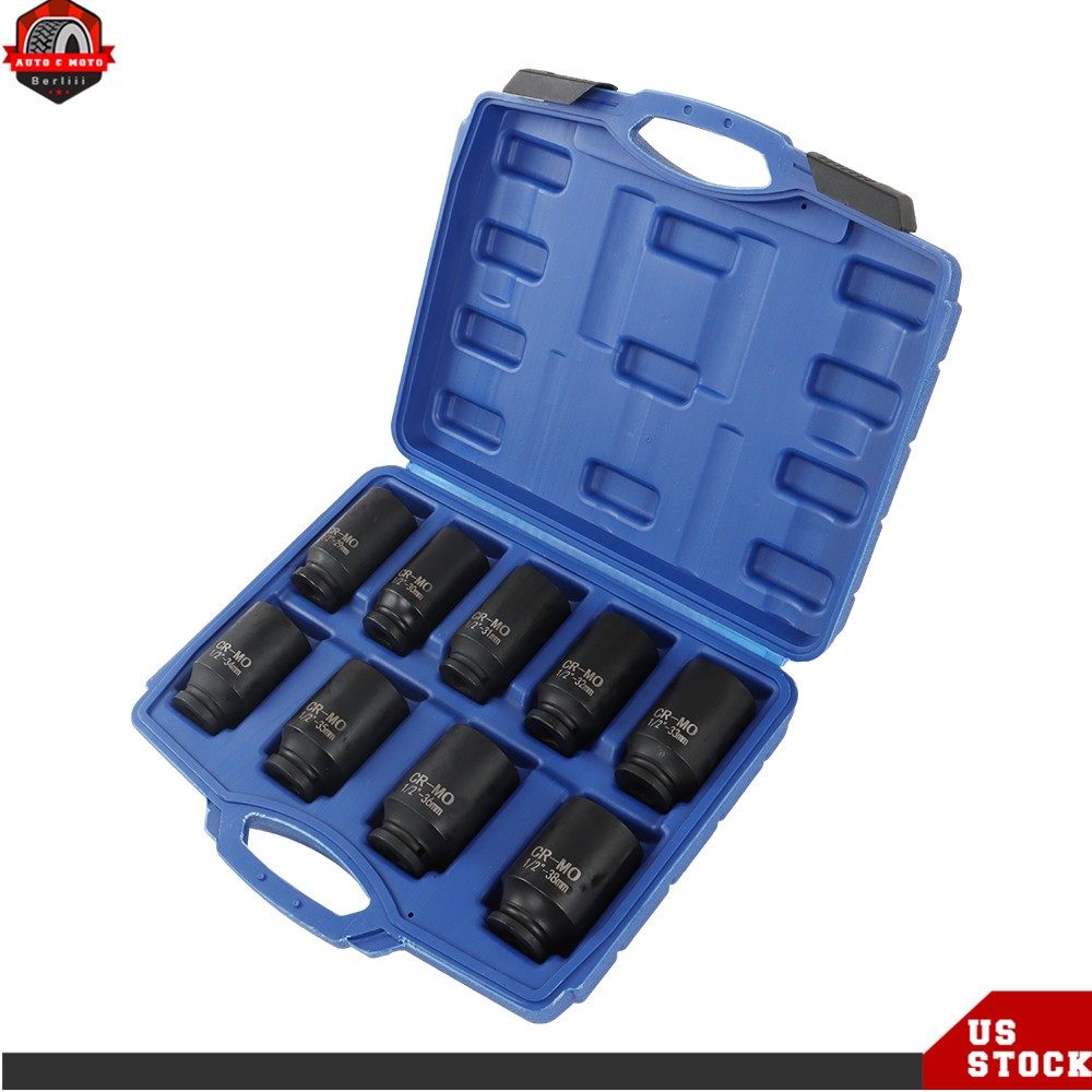 9pc Deep Impact Socket Set 1/2″ Drive Metric Axle Hub Nut Sockets 29-38mm w/Case