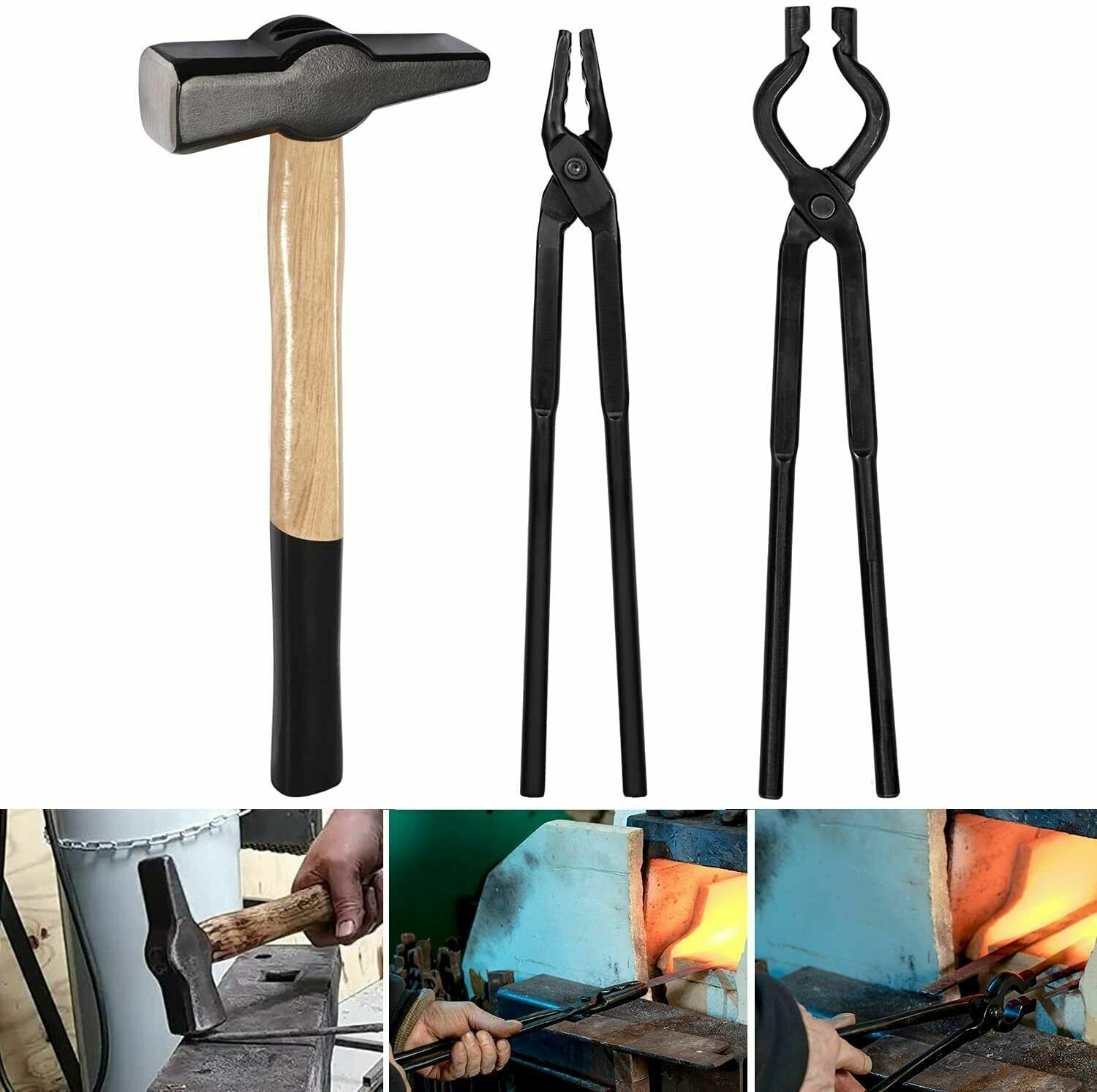 Beginner Blacksmith Tongs Set Wolf Jaw +V-bit Tongs +1KG Blacksmiths Hammer 3PCS