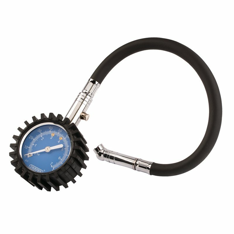 Draper Tyre Pressure Gauge 0-100psi 0-7bar Flexible Hose & Air Release 91357