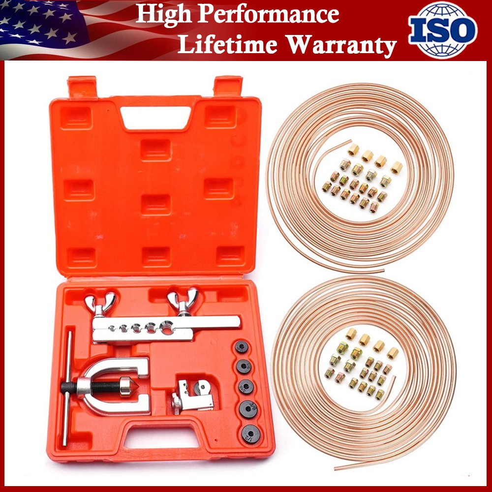 Brake Line Pipe Kit 3/16 + 1/4 25FT Copper Pipe Flaring Tool + 40 Nuts Fittings