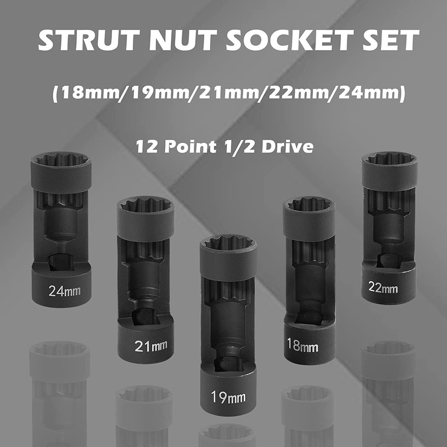 5pcs 12 Point 1/2 Drive Strut Nut Socket 18mm 19mm 21mm 22mm 24mm For Hex Wrench