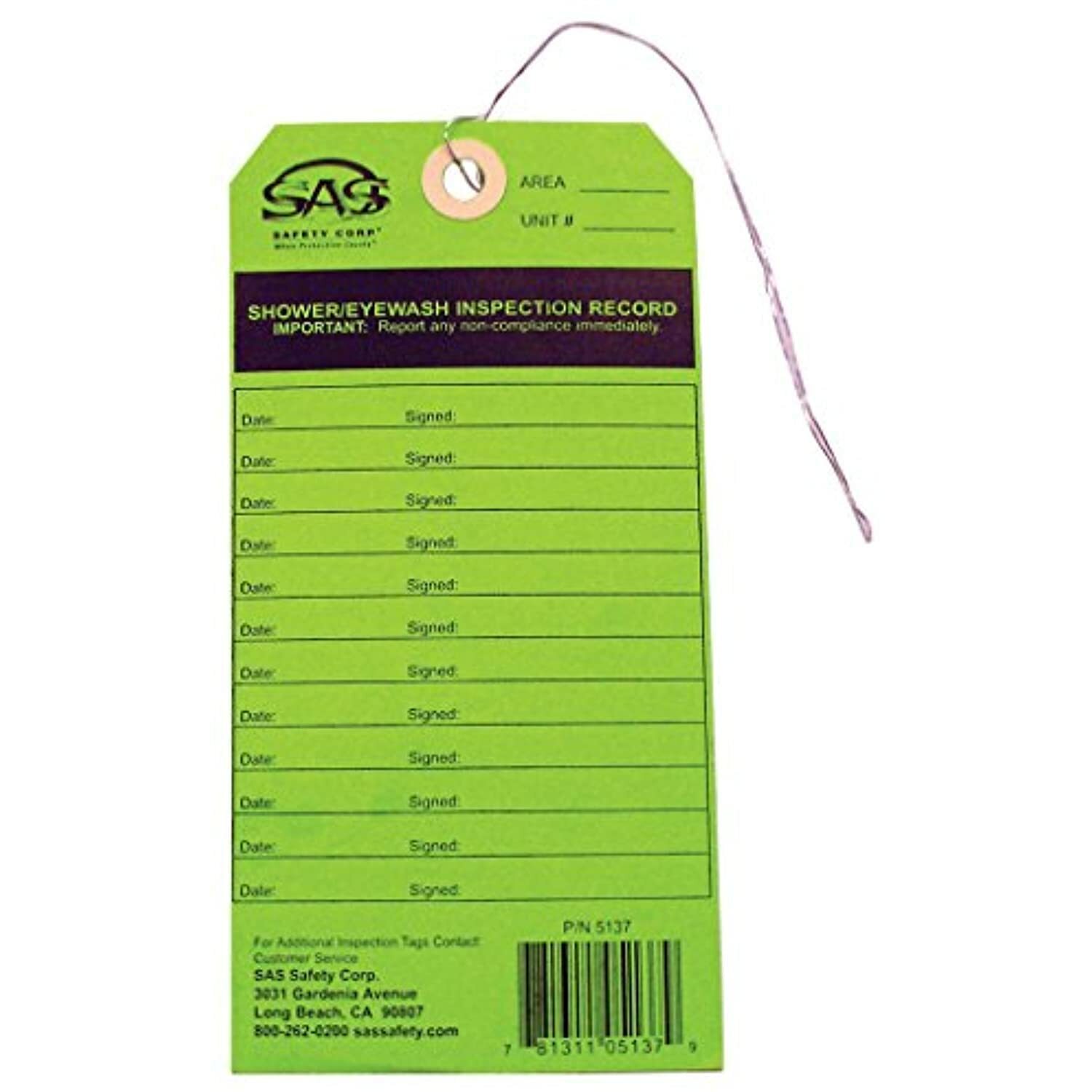 SAS Safety 5137 Eyewash Service Tag for 5135 Eyewash Portable Station