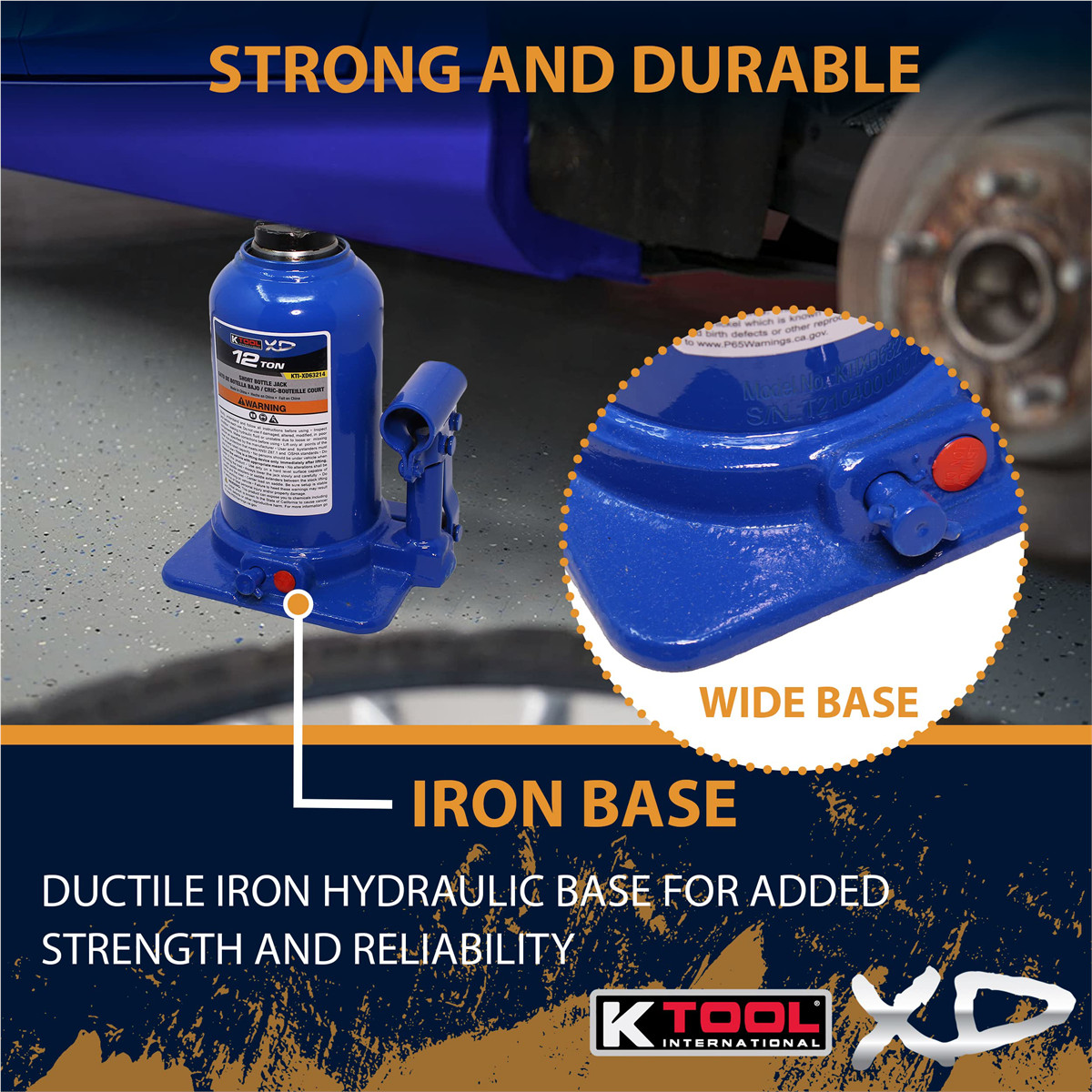 K Tool International XD63214 12 Ton Short Hydraulic Bottle Jack for Garages, Rep