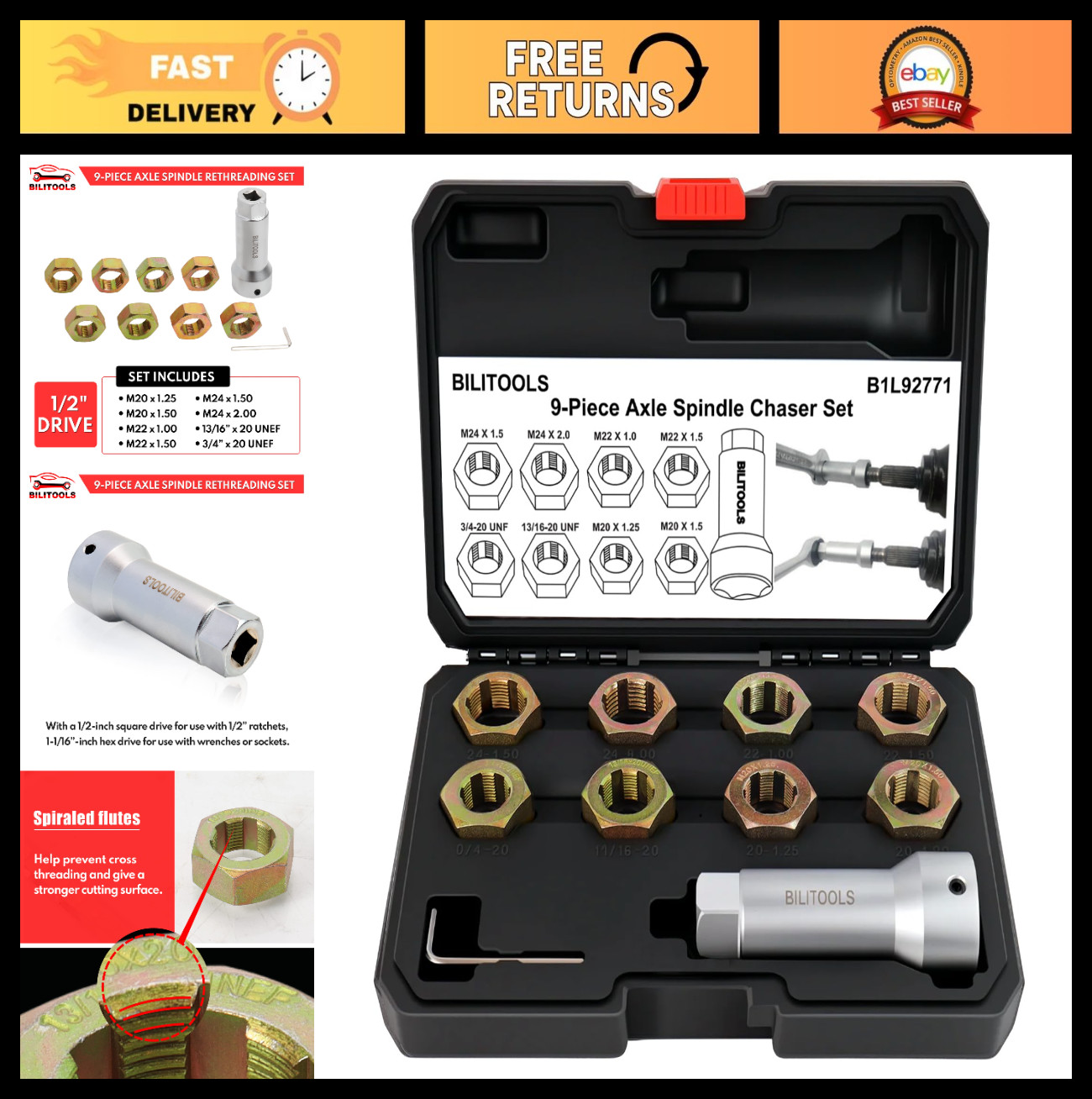 10-Piece Axle Spindle Rethreading Tool Kit, Wheel Stud Thread Chaser Set M20 M22