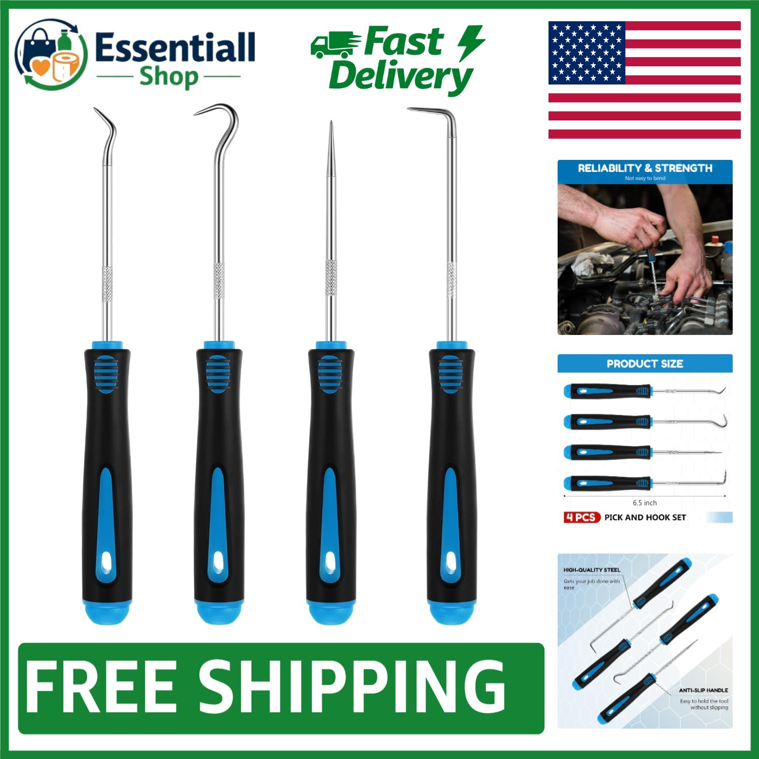 Versatile 4-Pcs Hook and Pick Tool Set with Non-Slip Grip – 6.5 inch Light Blue