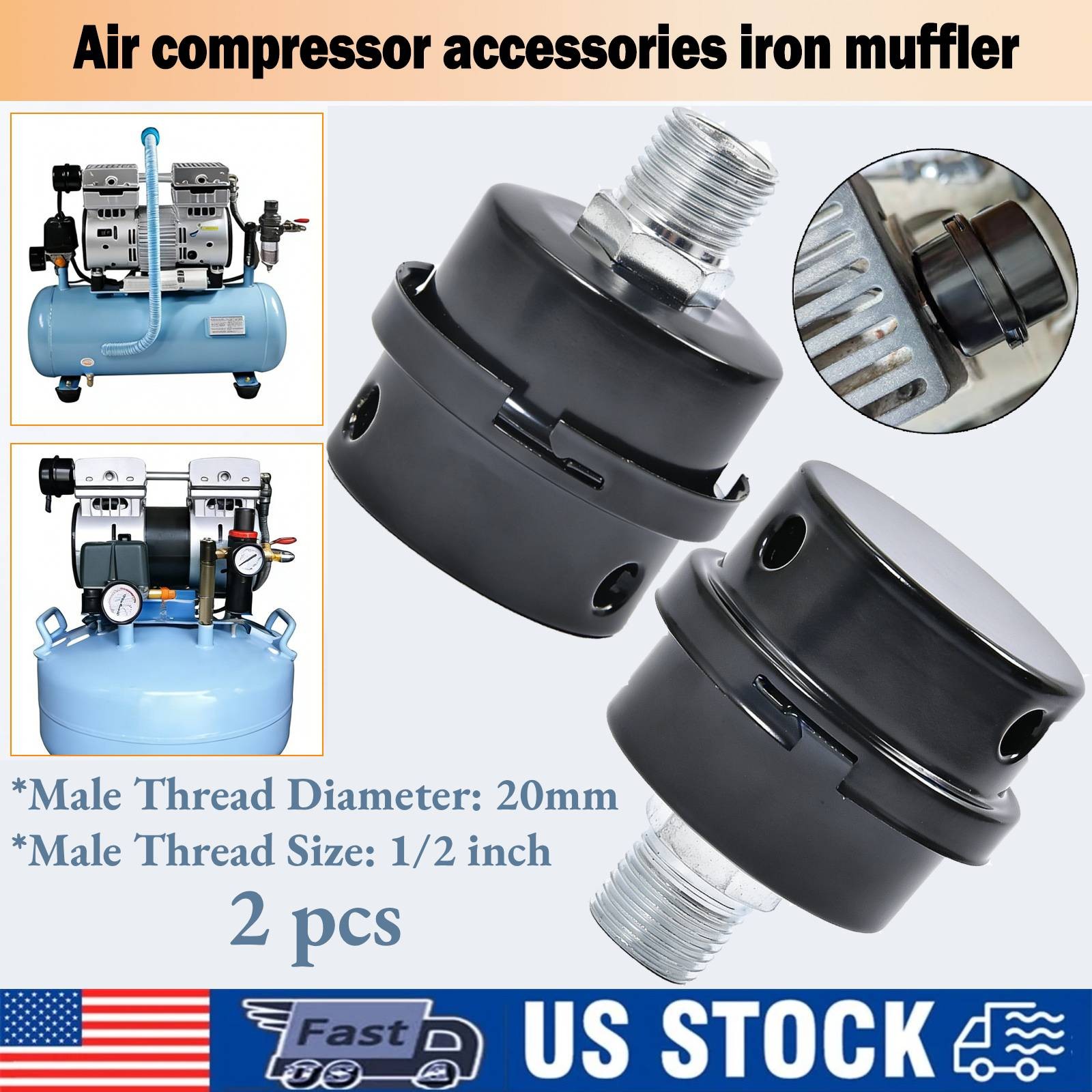 2Pc 20mm 1/2” Thread Metal Air Compressor Intake Filter Noise Muffler Silencer.