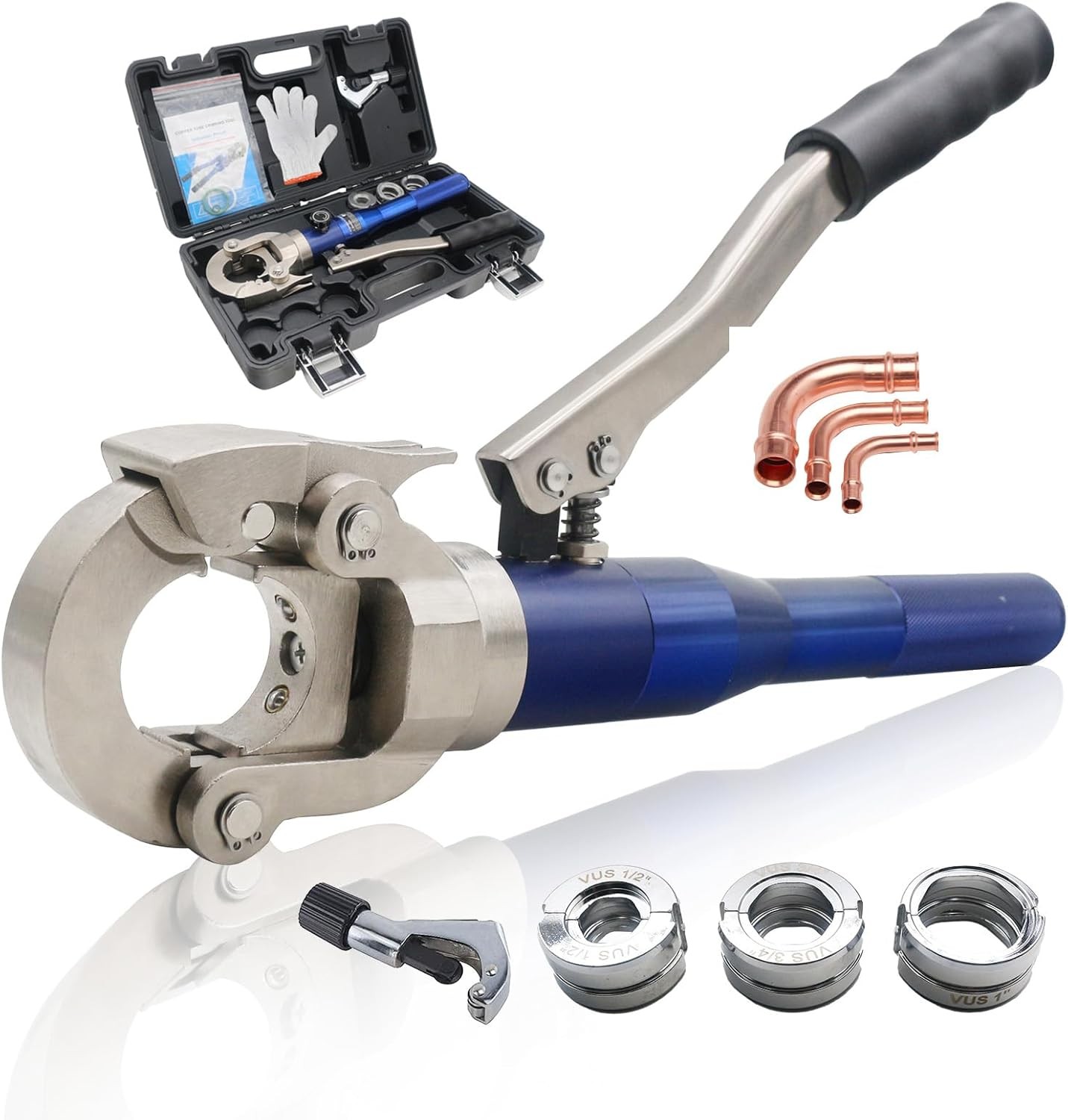 Hydraulic Copper Press Tool with 1/2″,3/4″ and 1″ Jaw Black, Blue, Silver