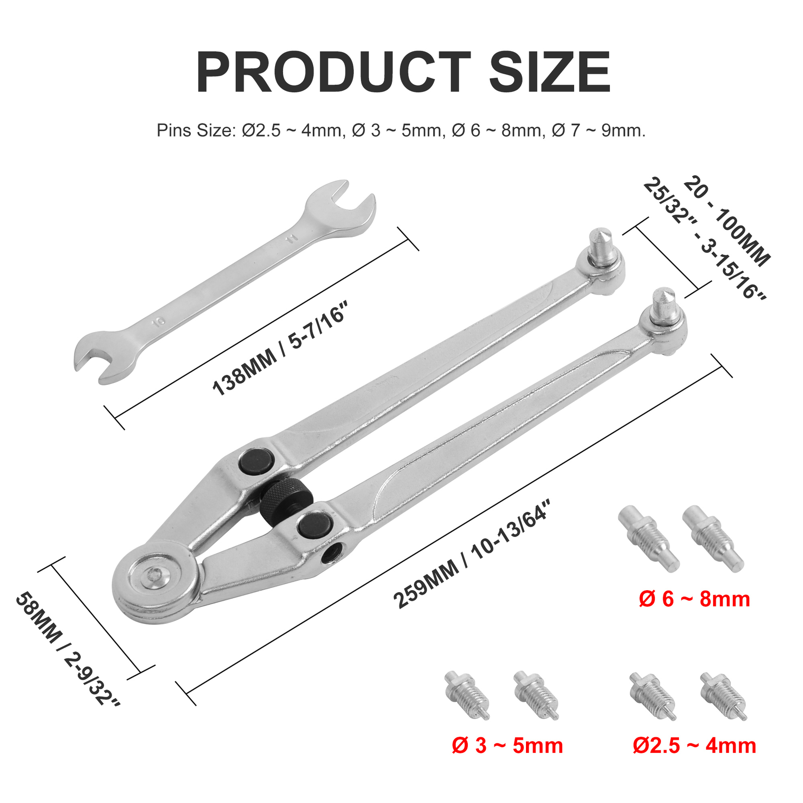 Adjustable Pin Spanner Tool Set Gland Nuts Wrench with top holes, 8 Pin 2.5-9mm