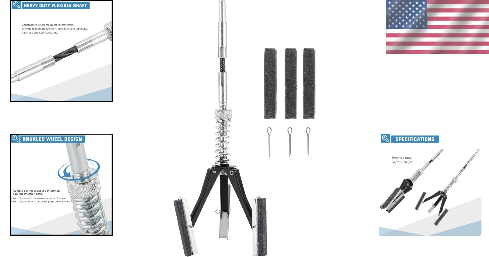 Engine Hone Tool Adjustable for 1-1/4″ to 3-1/2″ Holes, Includes 3 Grit Stones