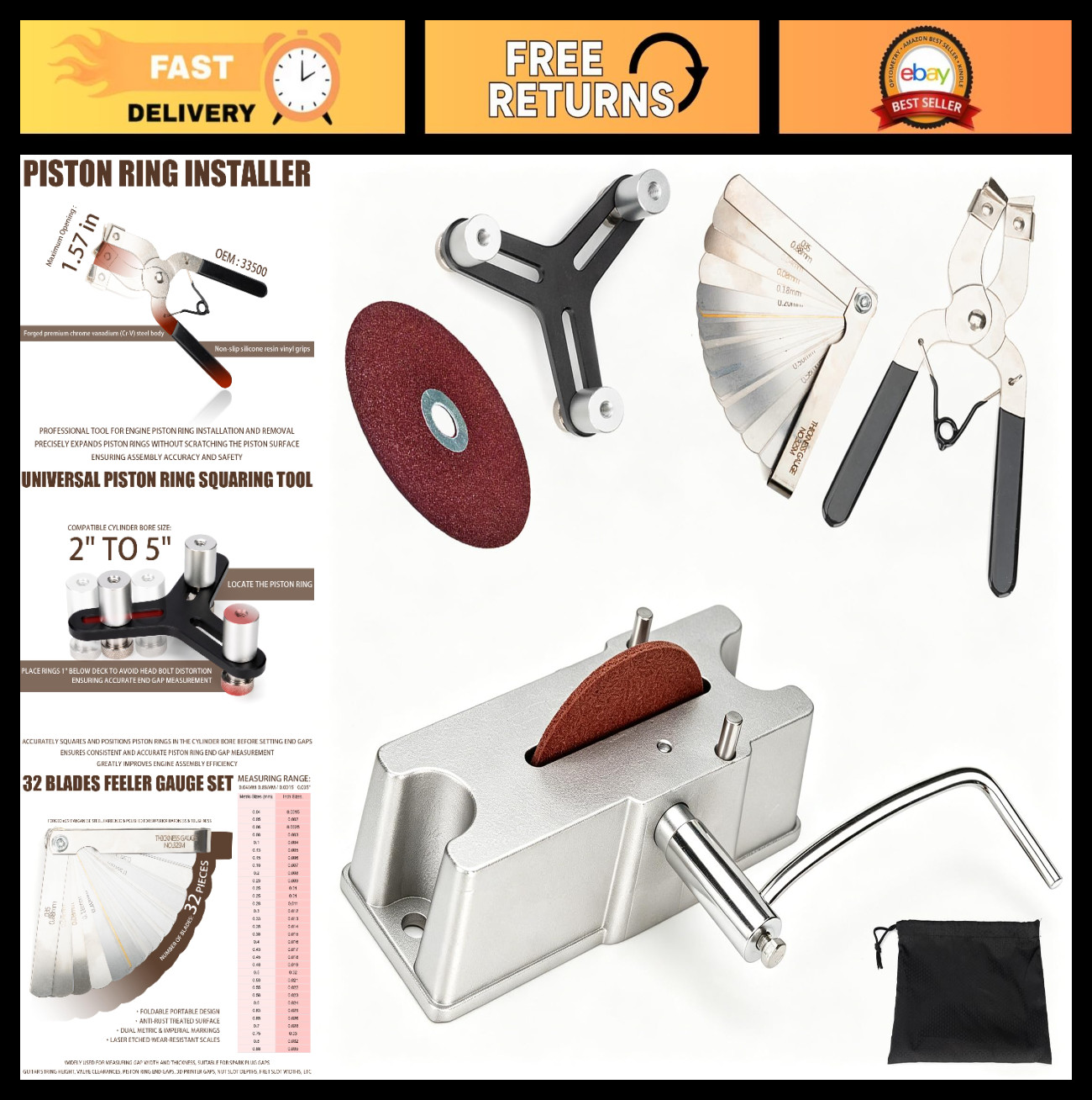 Piston Ring End Gap Tool Kit – 2-5″ Engine Bores, 4-in-1 Adjustable Gauge