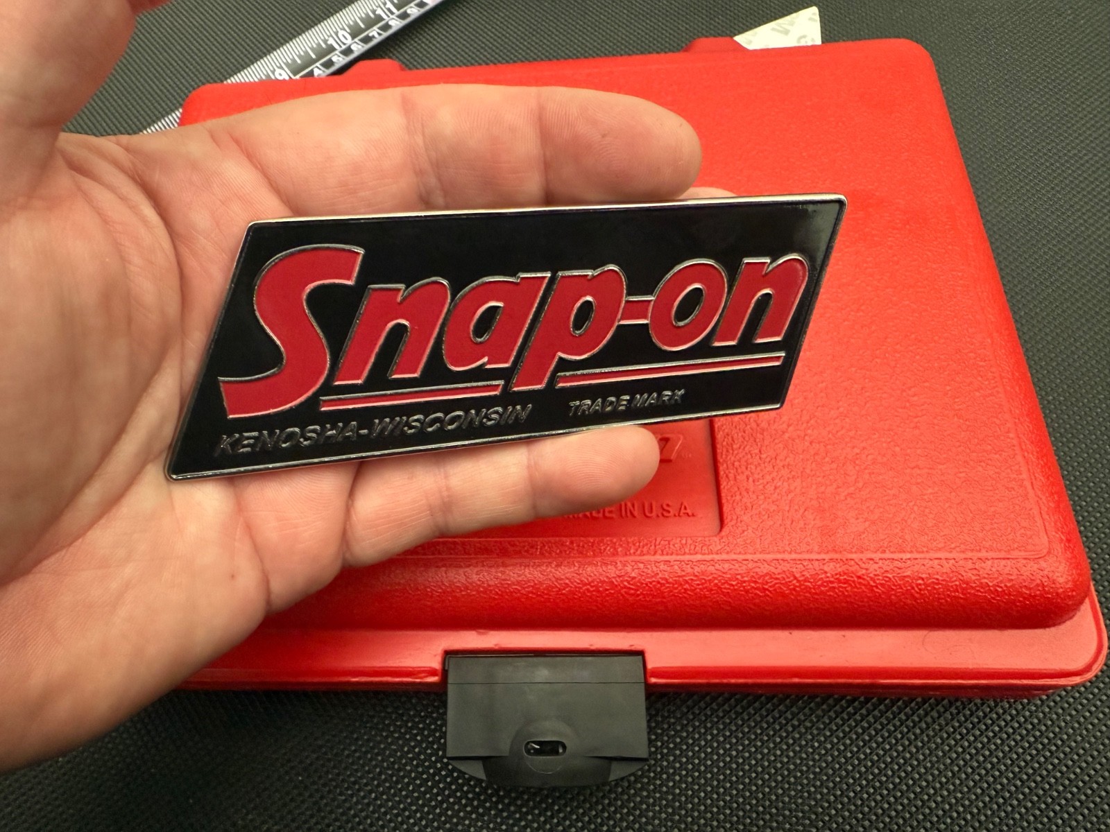 SNAP-ON tools logo badge decal vintage 1.5mm steel nameplate 5” x 2” .Rare.