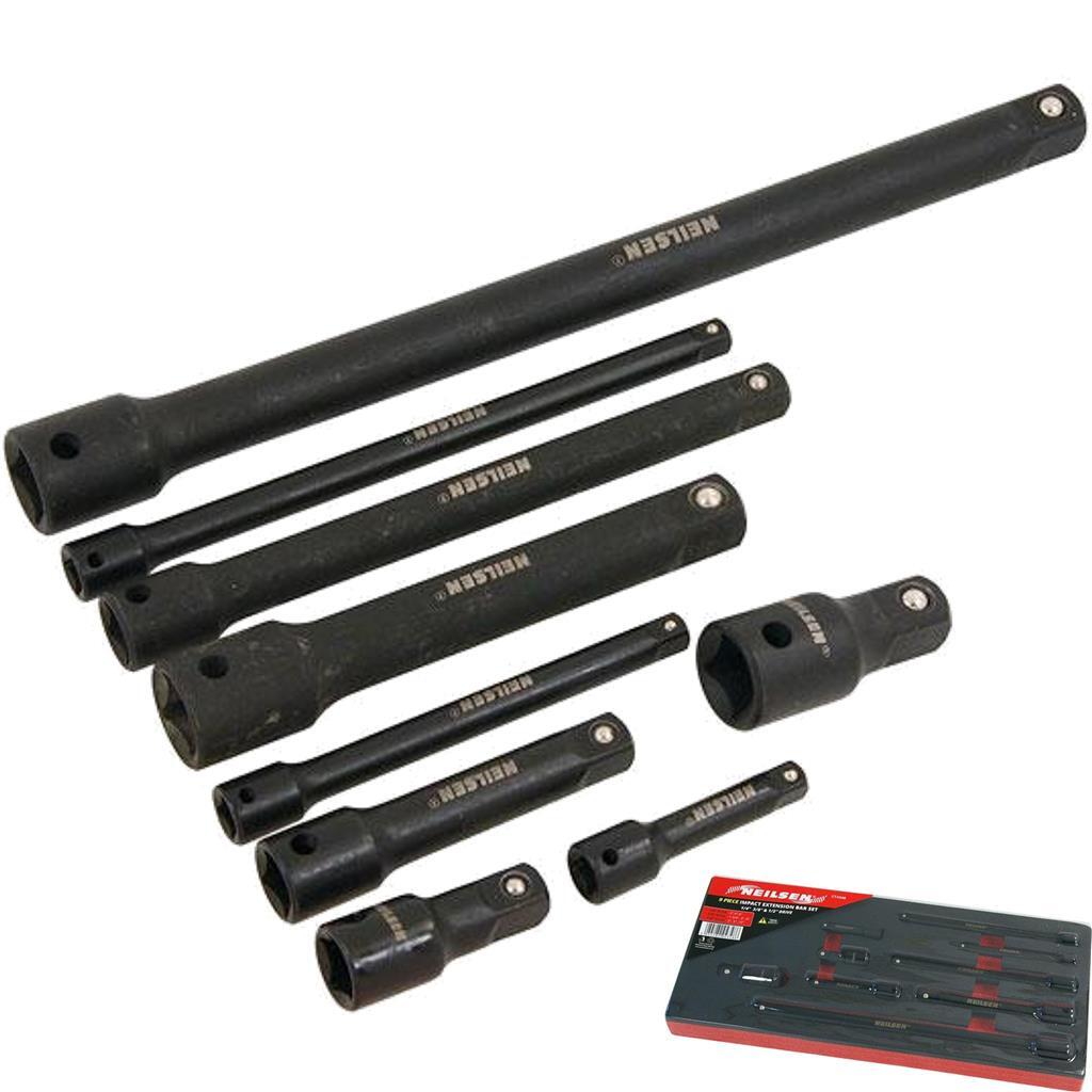 Neilsen 9pc 1/4″ 3/8″ 1/2″ Impact Socket Extension Bar Set Extra Long 2″ – 10″