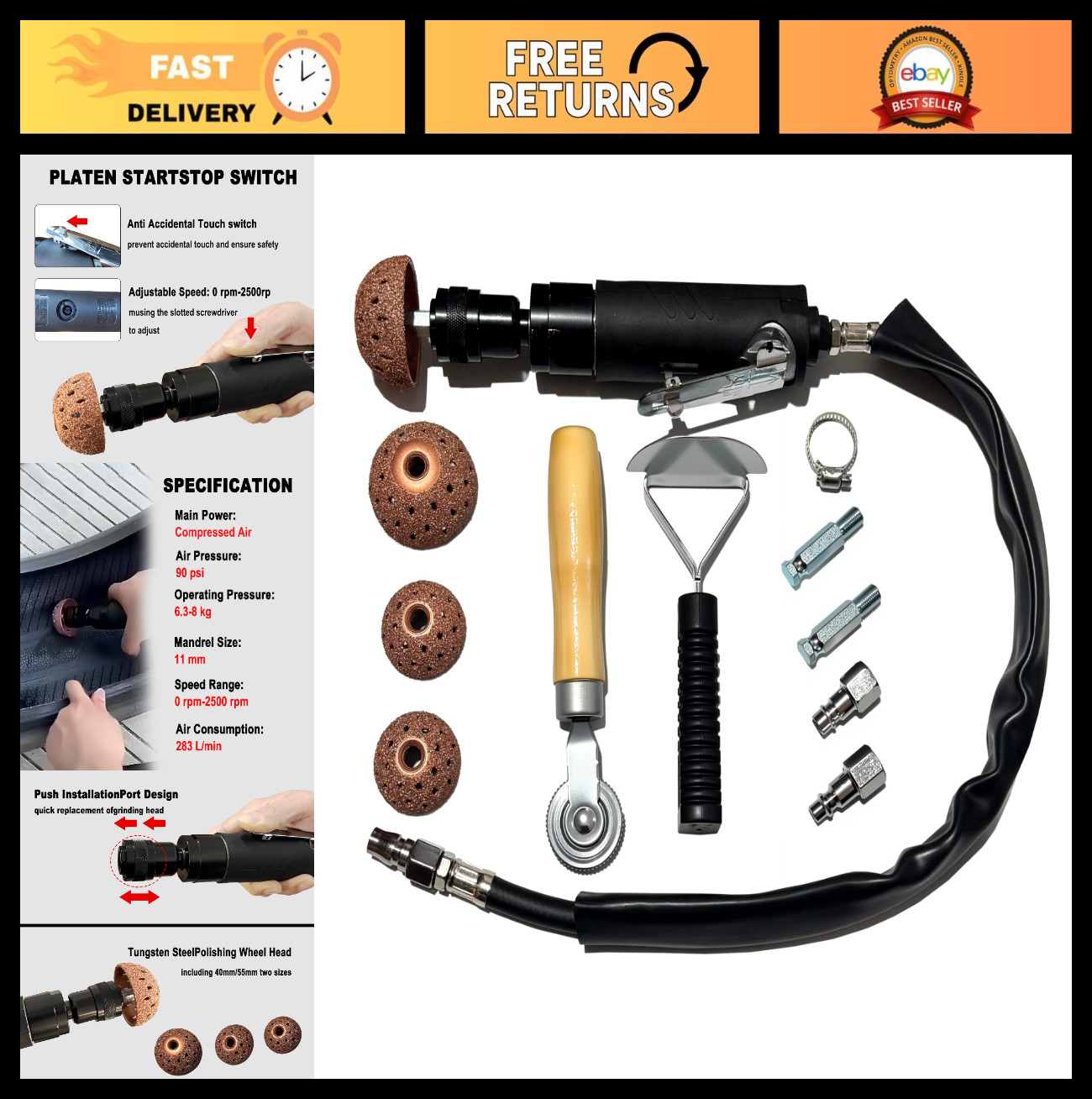 Car Tire Repair Tool Set – 2500RPM Air Buffer, Patch Roller, Tungsten Steel Whee