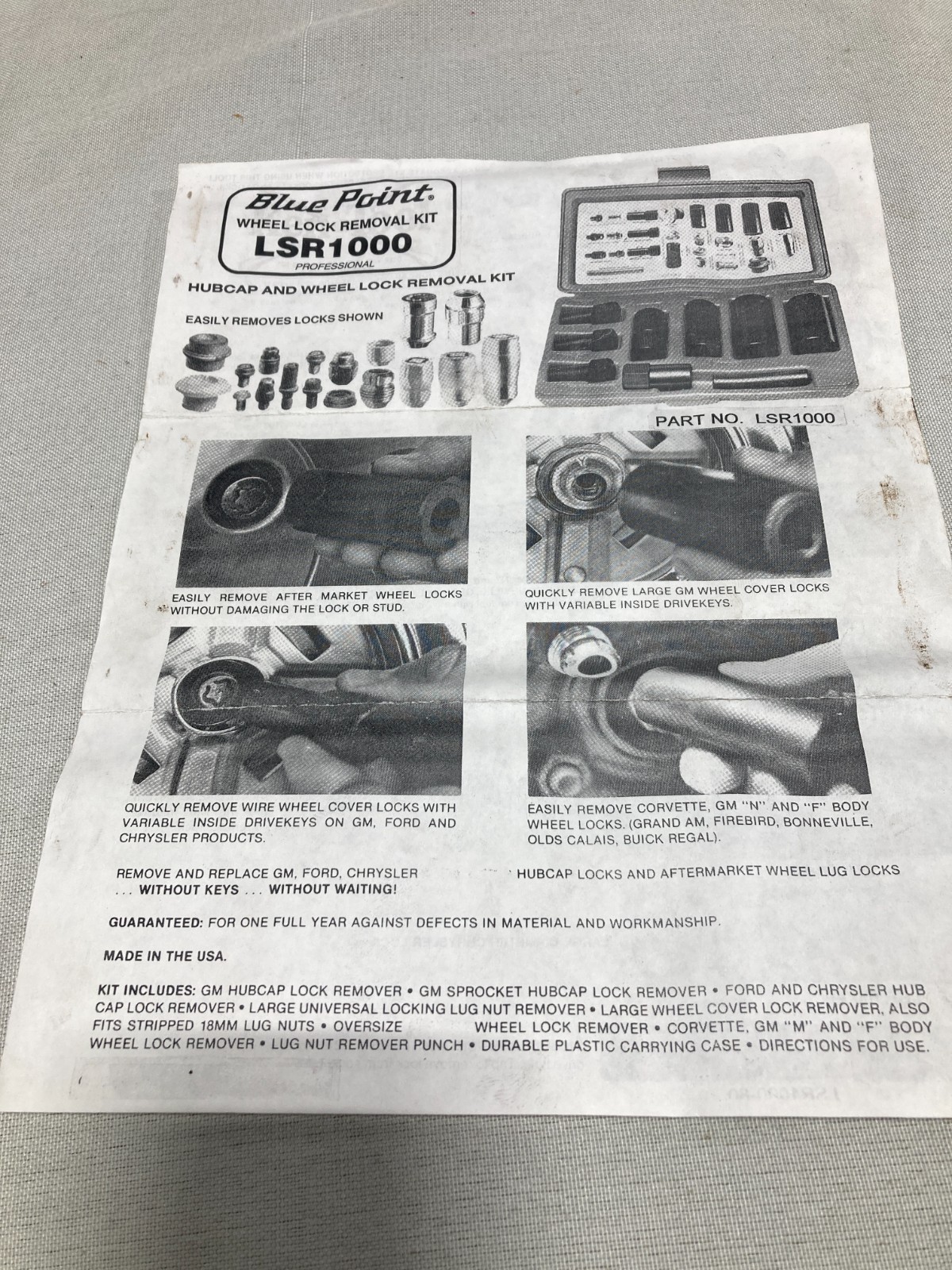 Blue Point Wheel Lock Removal Kit LSR1000 Professional **Complete**