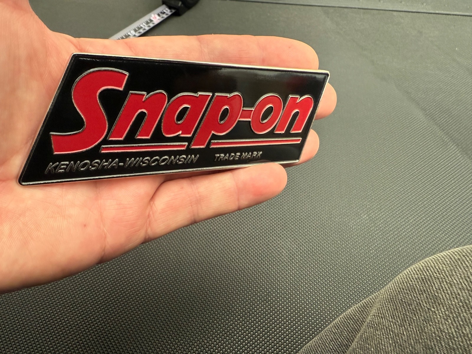 SNAP-ON tools logo badge decal vintage 1.5mm steel nameplate 5” x 2” .Rare.