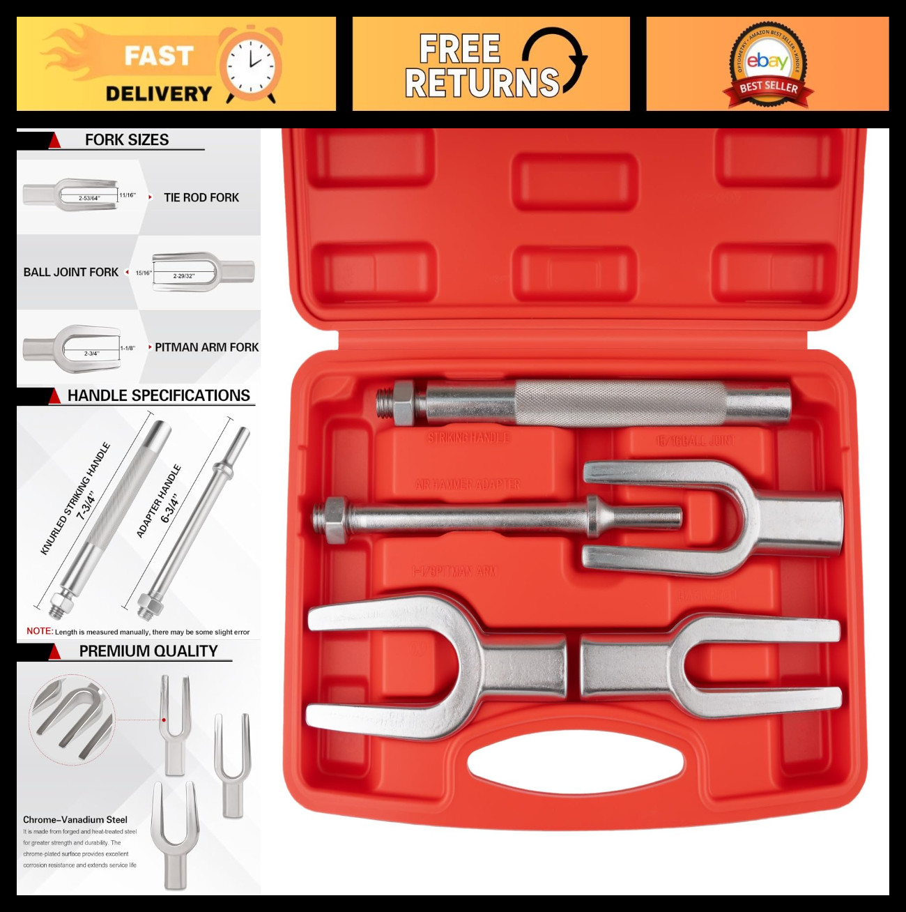 5pcs Heavy Duty Ball Joint Separator Set, Tie Rod Removal Tool with Handle & Ada